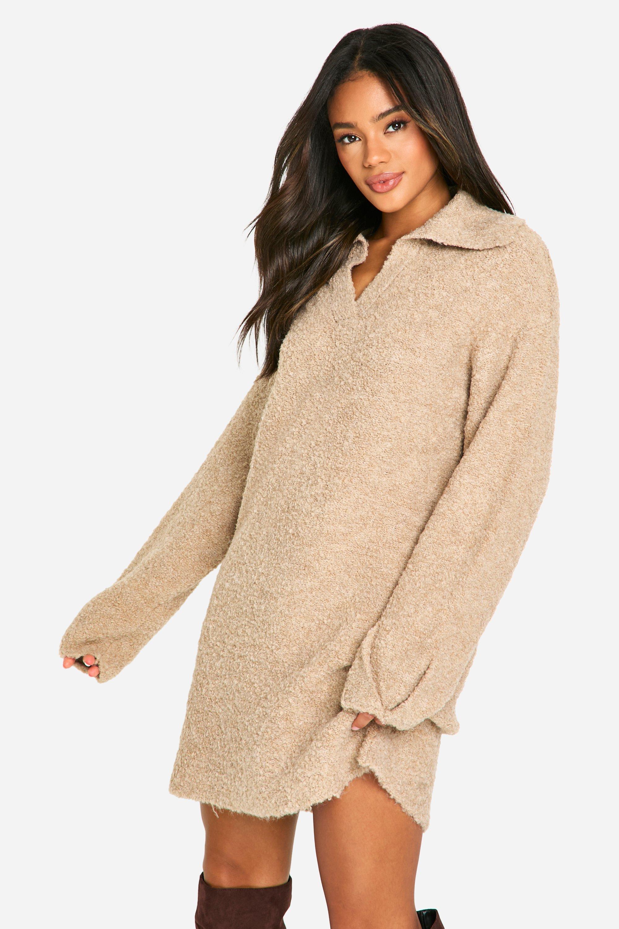 Boohoo Oversized Nepwollen Mini Jurk Met Kraag Detail, Camel