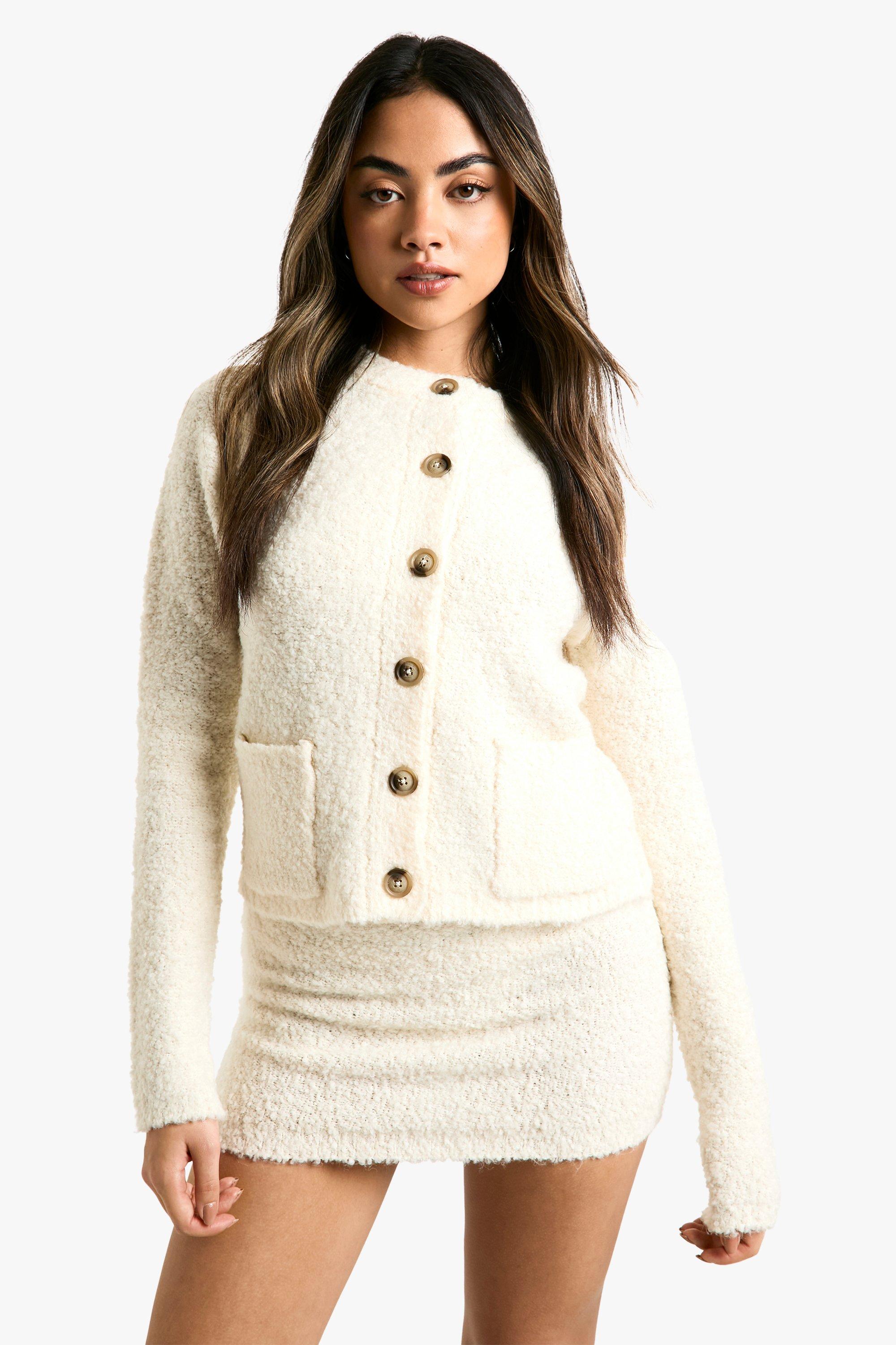 Womens Borg Knitted Pocket Detail Crop Cardigan And Low Rise Micro Mini Skirt Sett - Cream - L, Cream