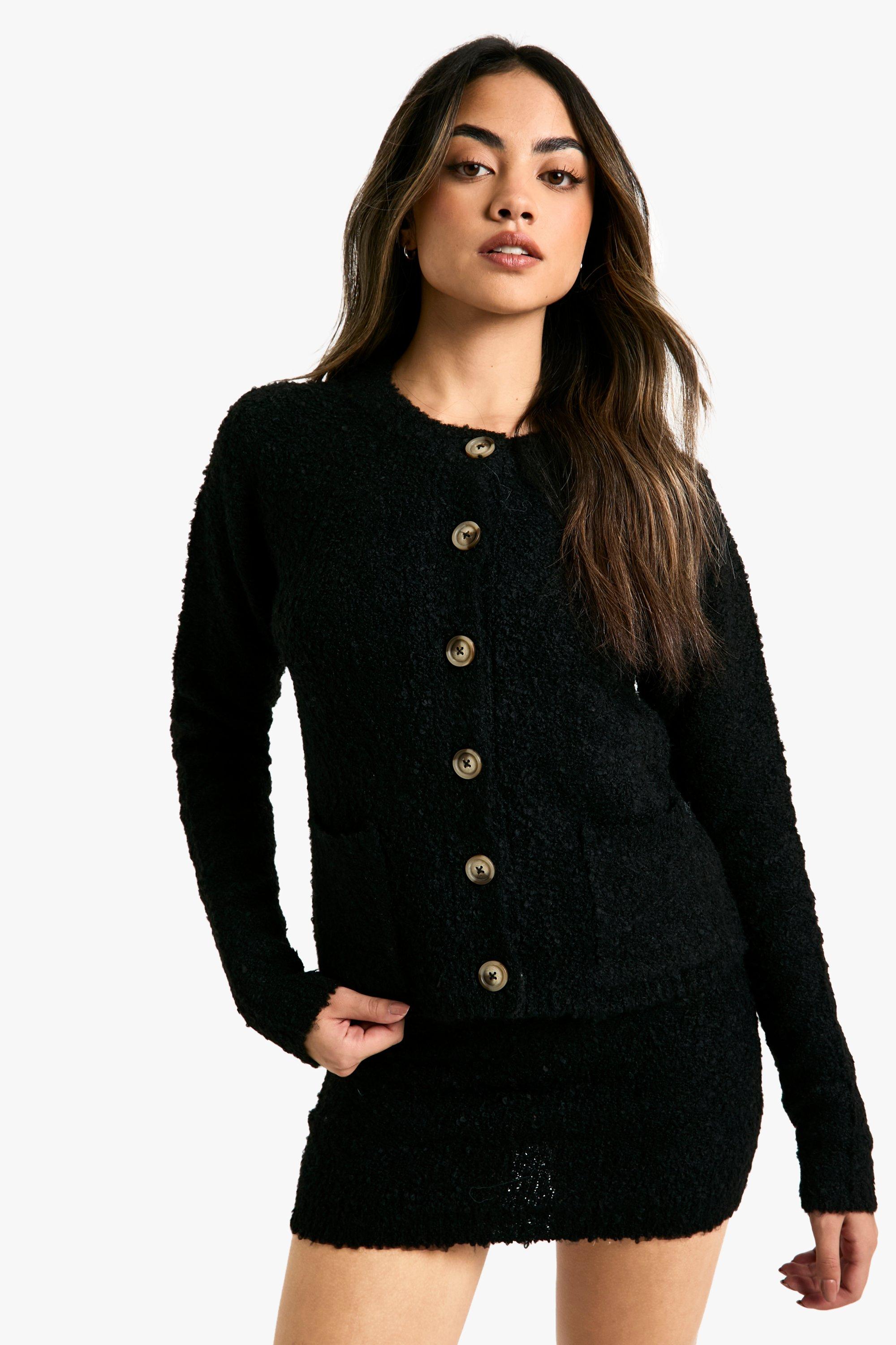 Womens Borg Knitted Pocket Detail Crop Cardigan And Knitted Vest Set - Black - L, Black