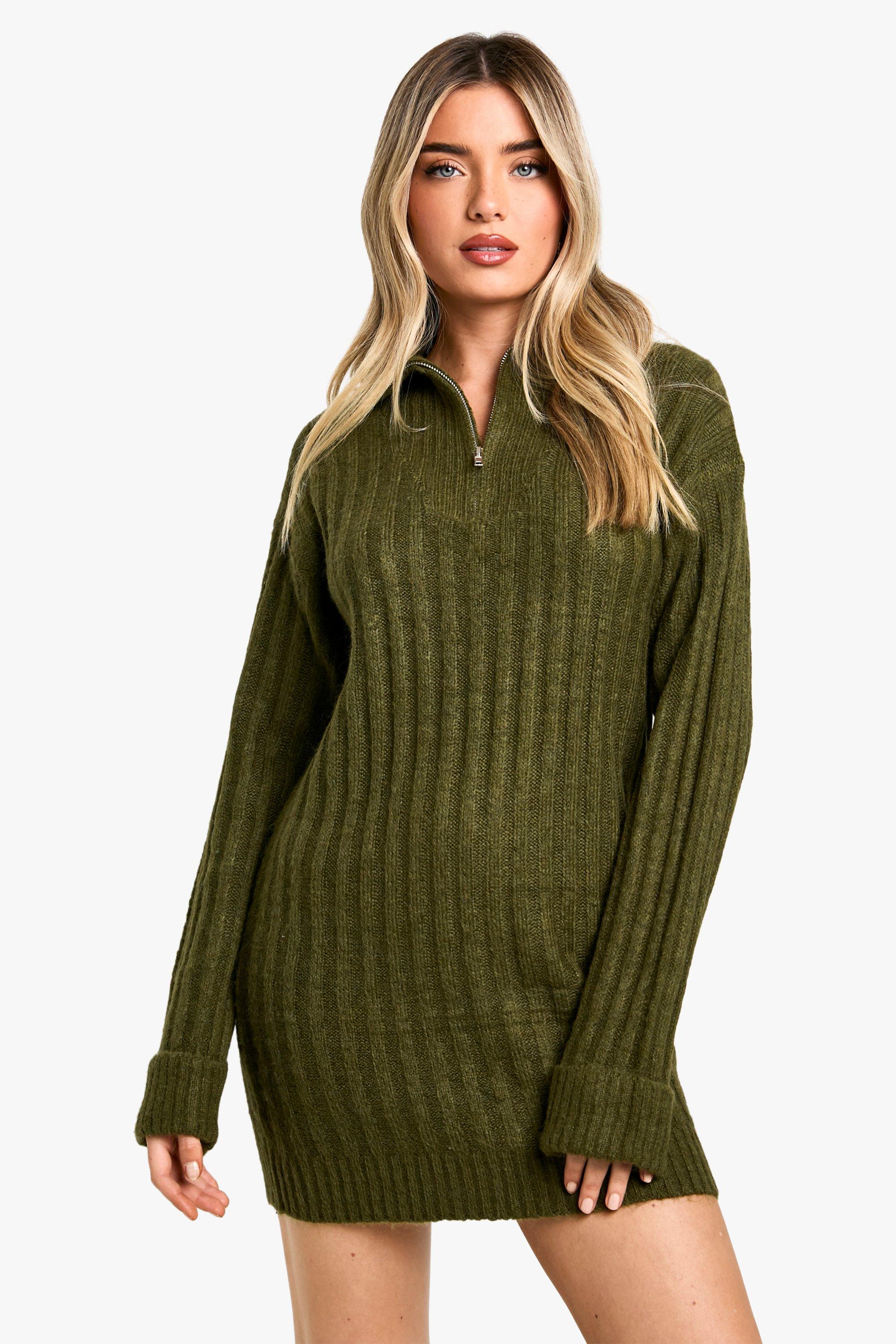 Boohoo Zachte Gebreide Dik Geribbelde Oversized Mini Jurk Met Hals Rits, Khaki