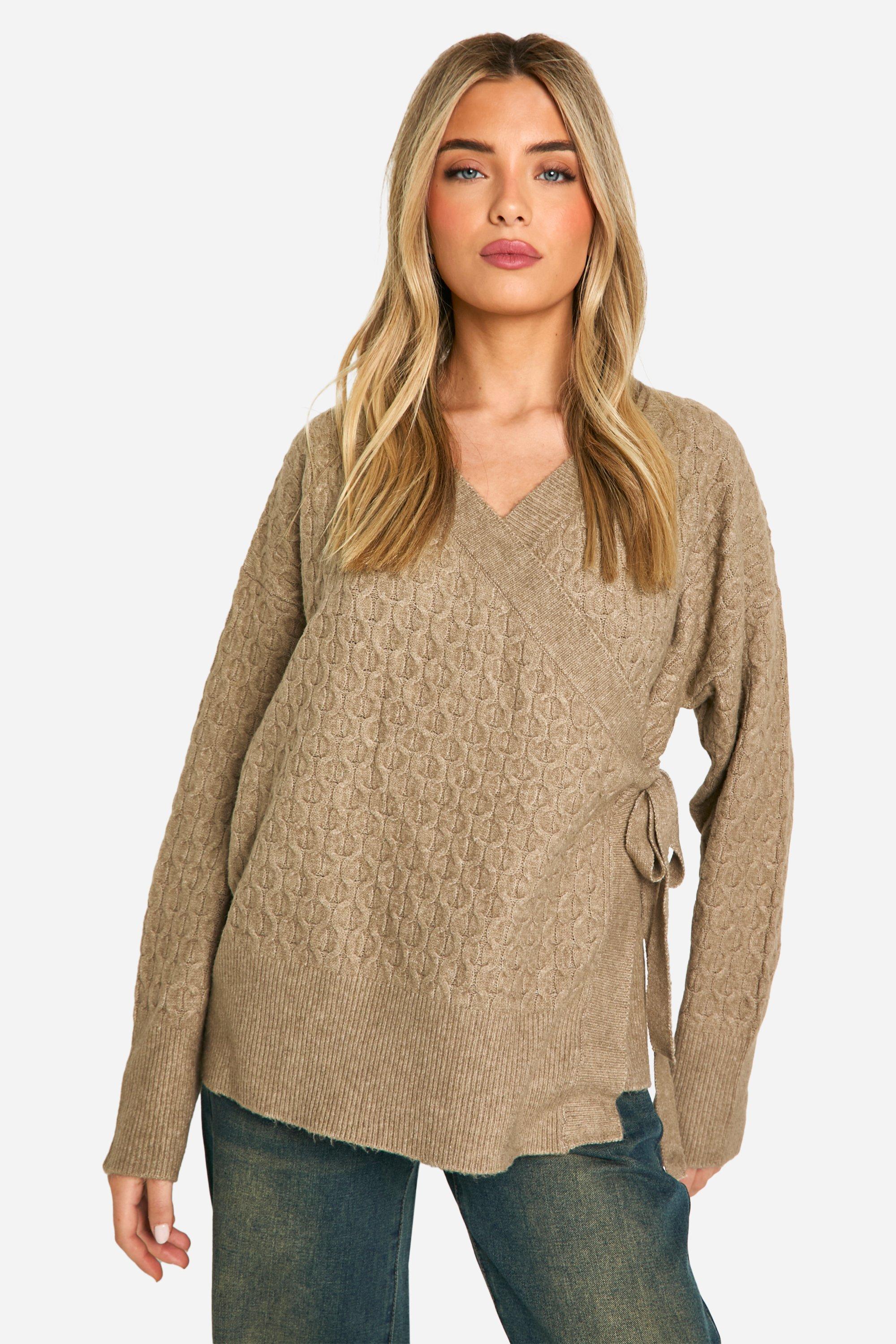 Boohoo Zachte Grof Gebreide Wikkel Cardigan, Mocha