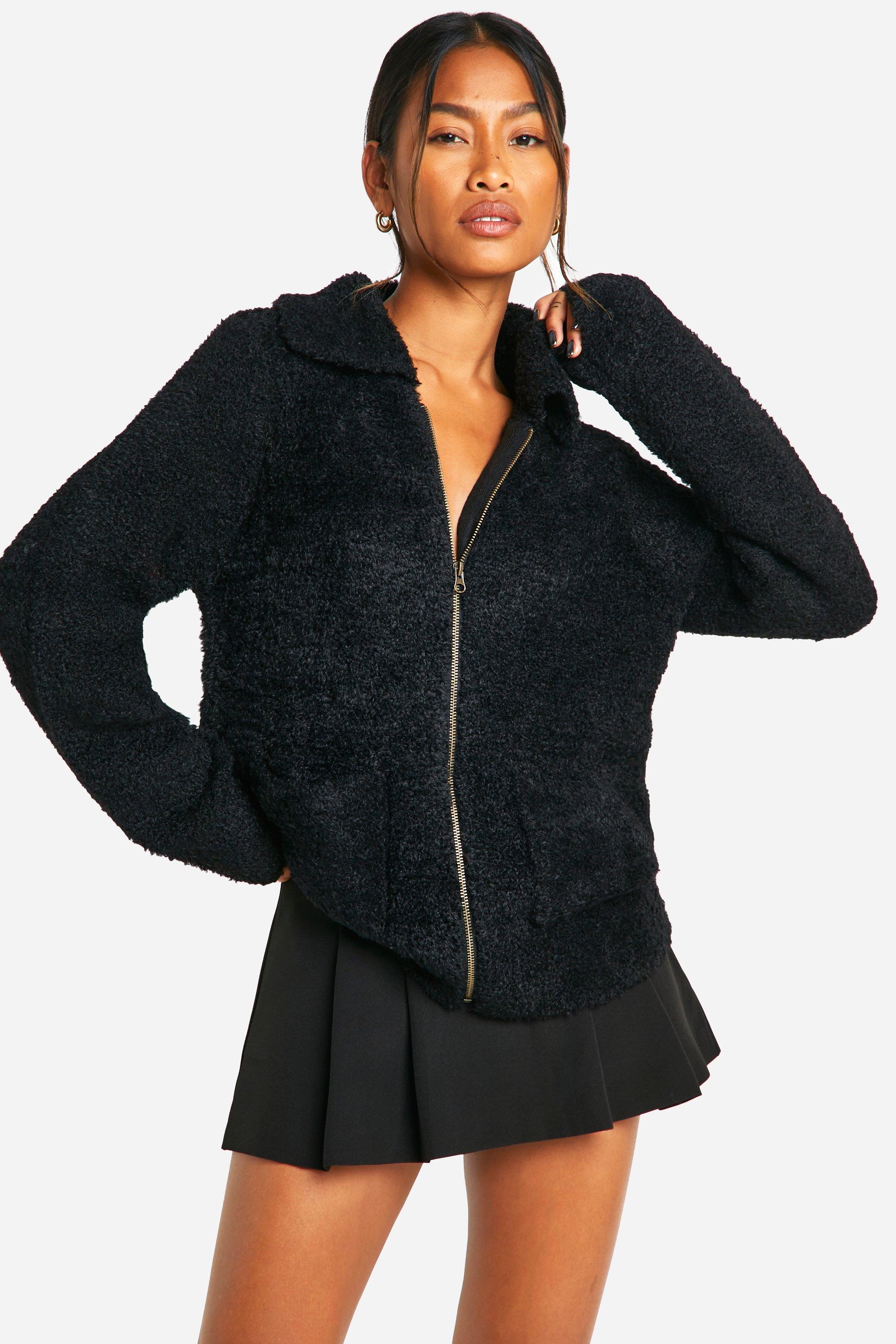 Boohoo Zachte Gebreide Bouclé Cardigan Met Rits En Kraag, Black