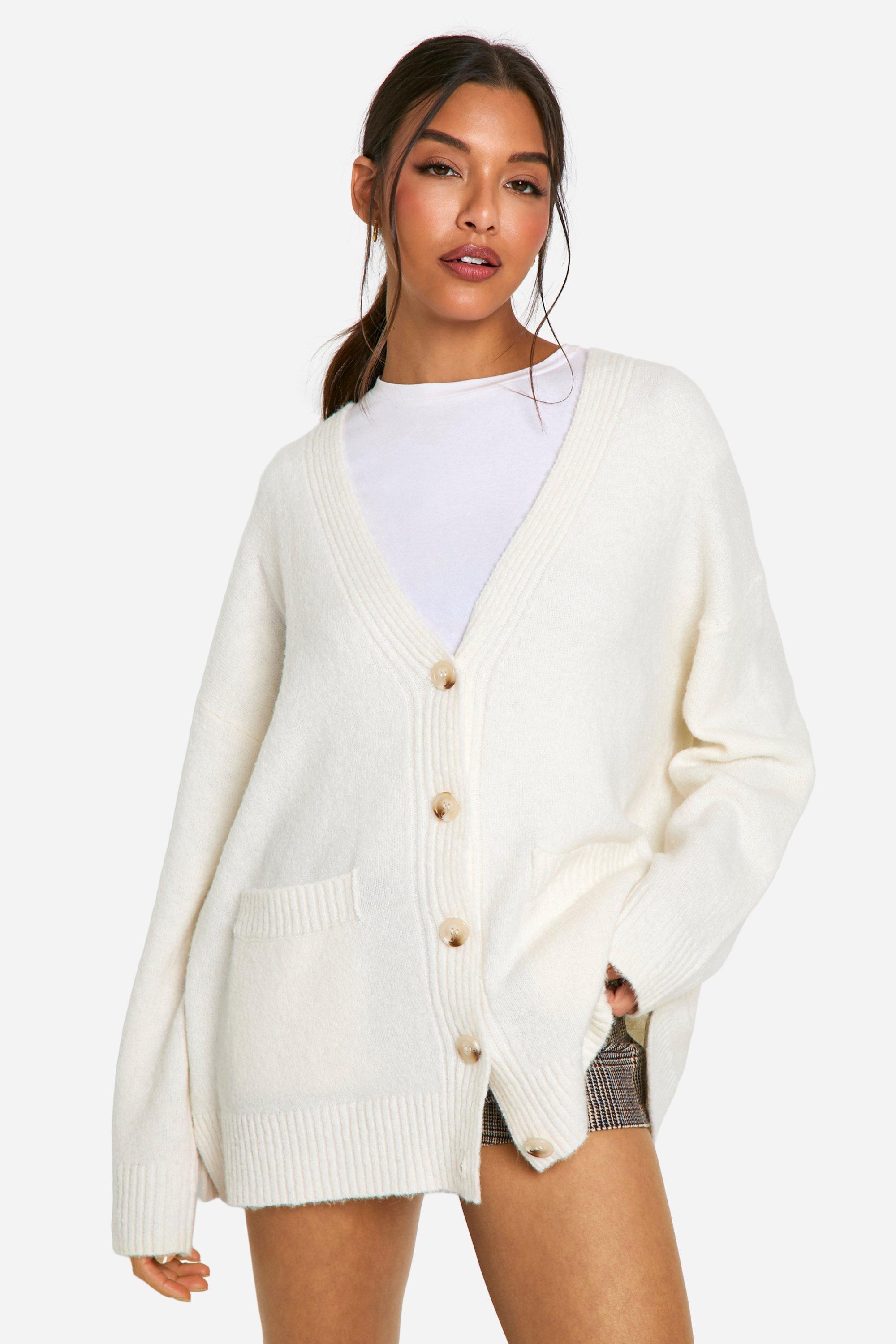 Boohoo Oversized Zachte Gebreide Boyfriend Cardigan, Cream