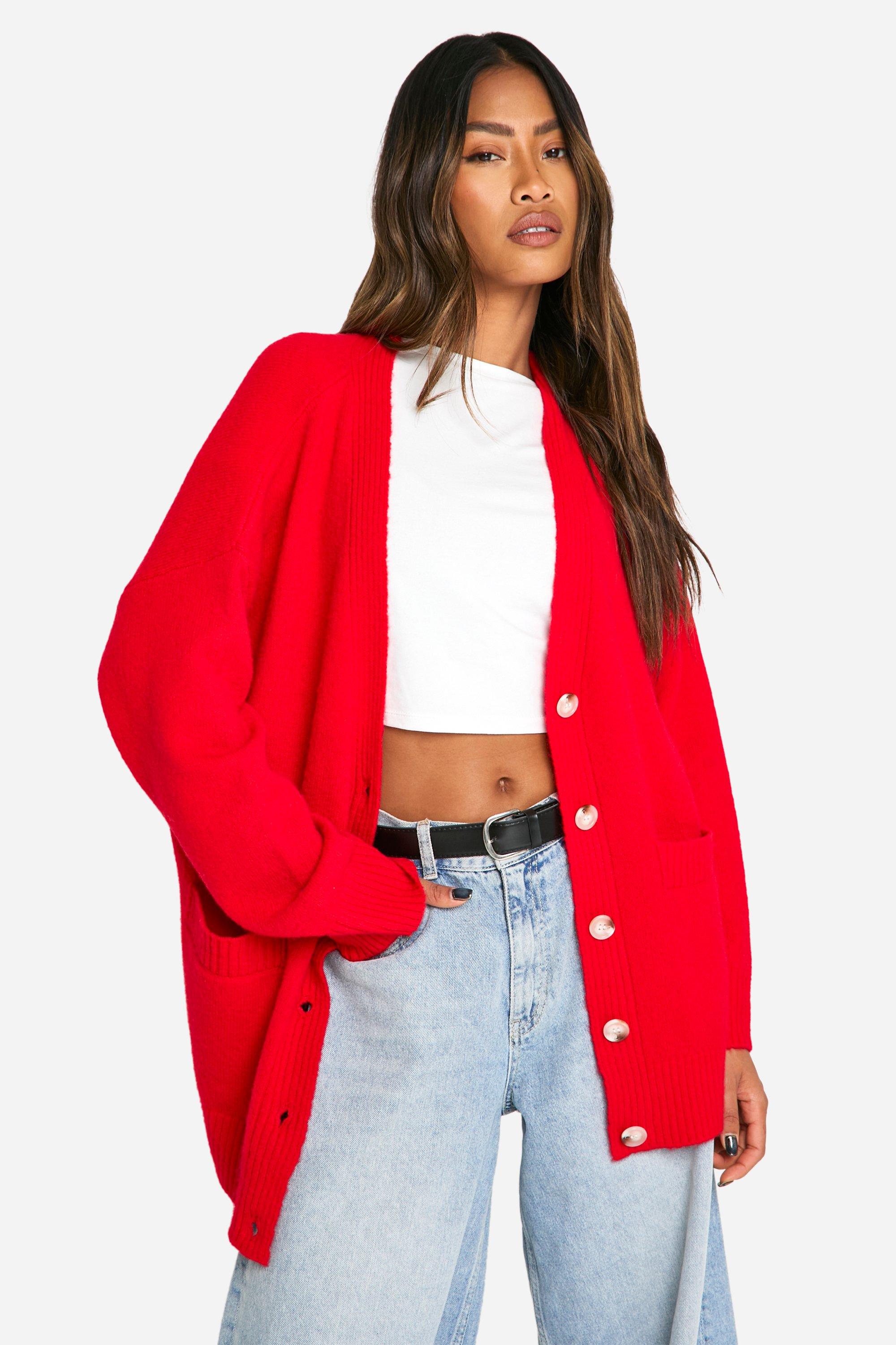 Boohoo Oversized Zachte Gebreide Boyfriend Cardigan, Red