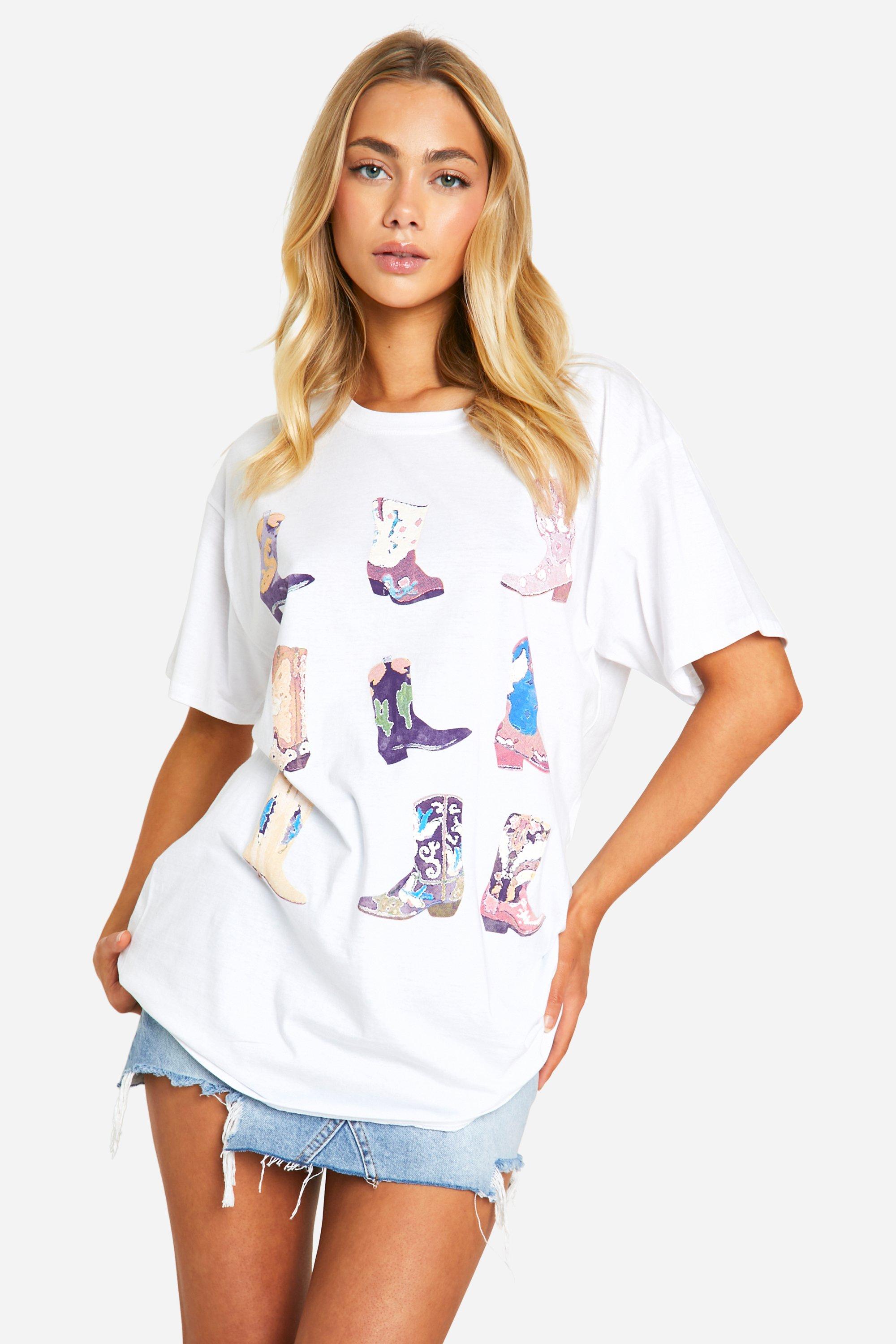 Image of Multi Cowboy Boot Oversized T-shirt, Bianco