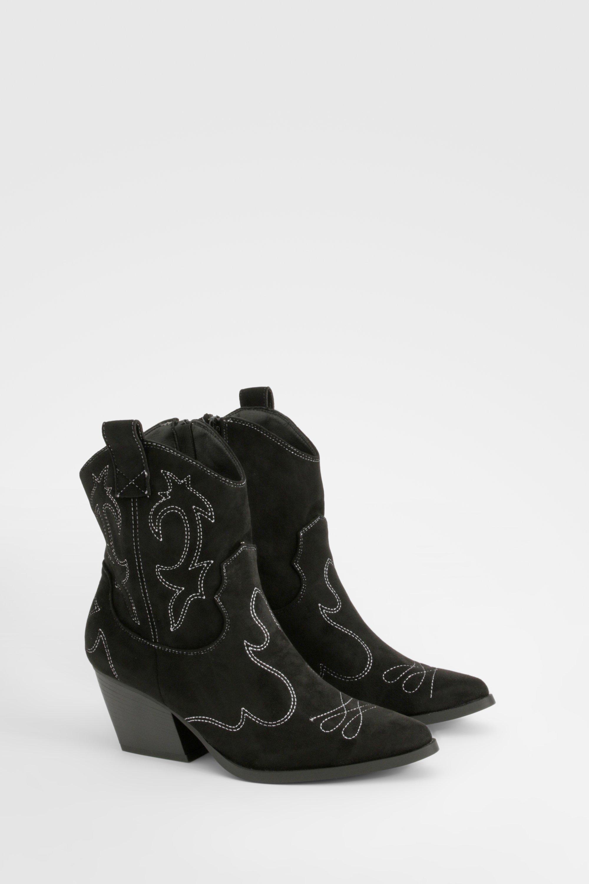 Boohoo Stitch Detail Western Ankle Boots, Black