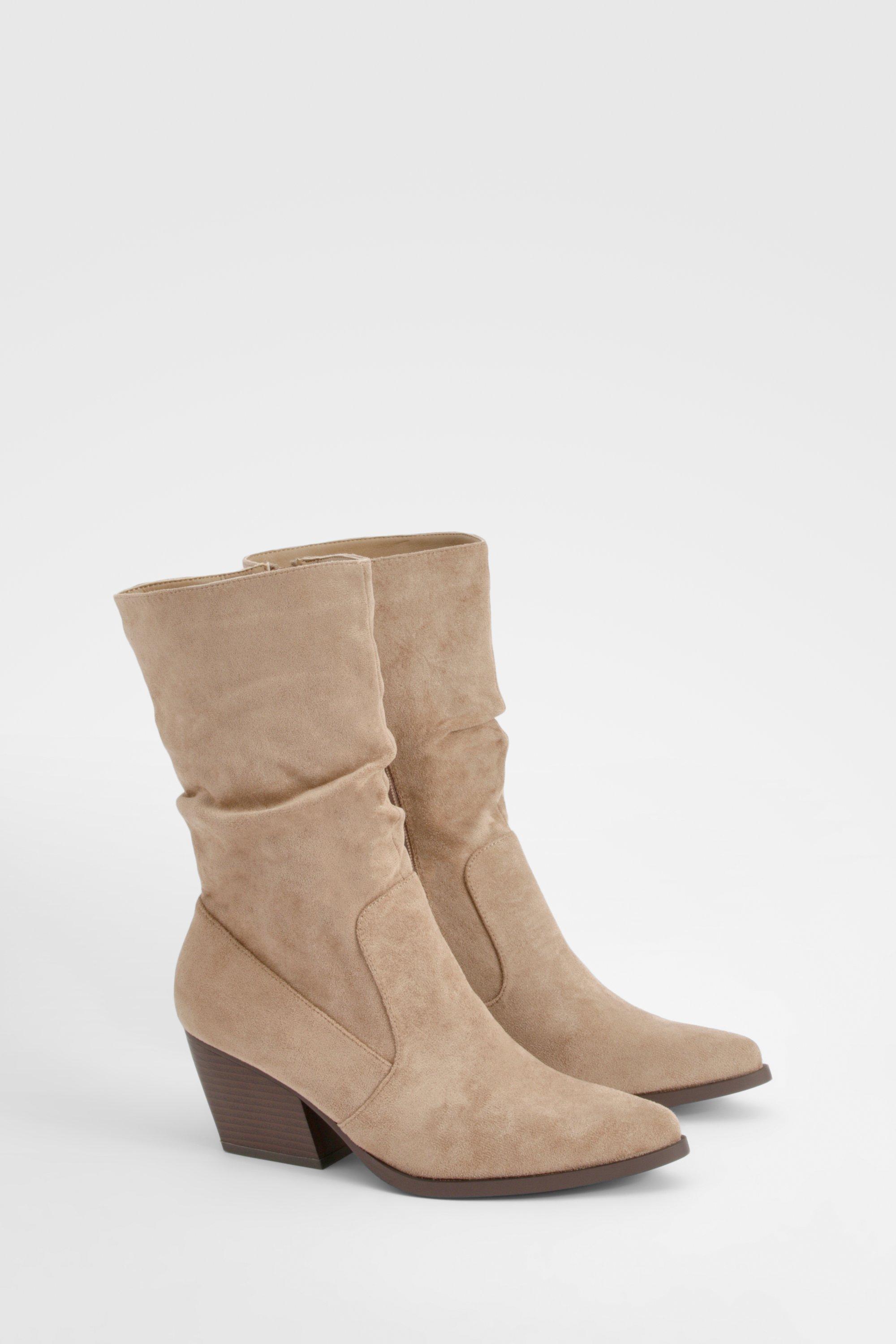 Boohoo Wide Fit Slouch Detail Western Boots, Sand
