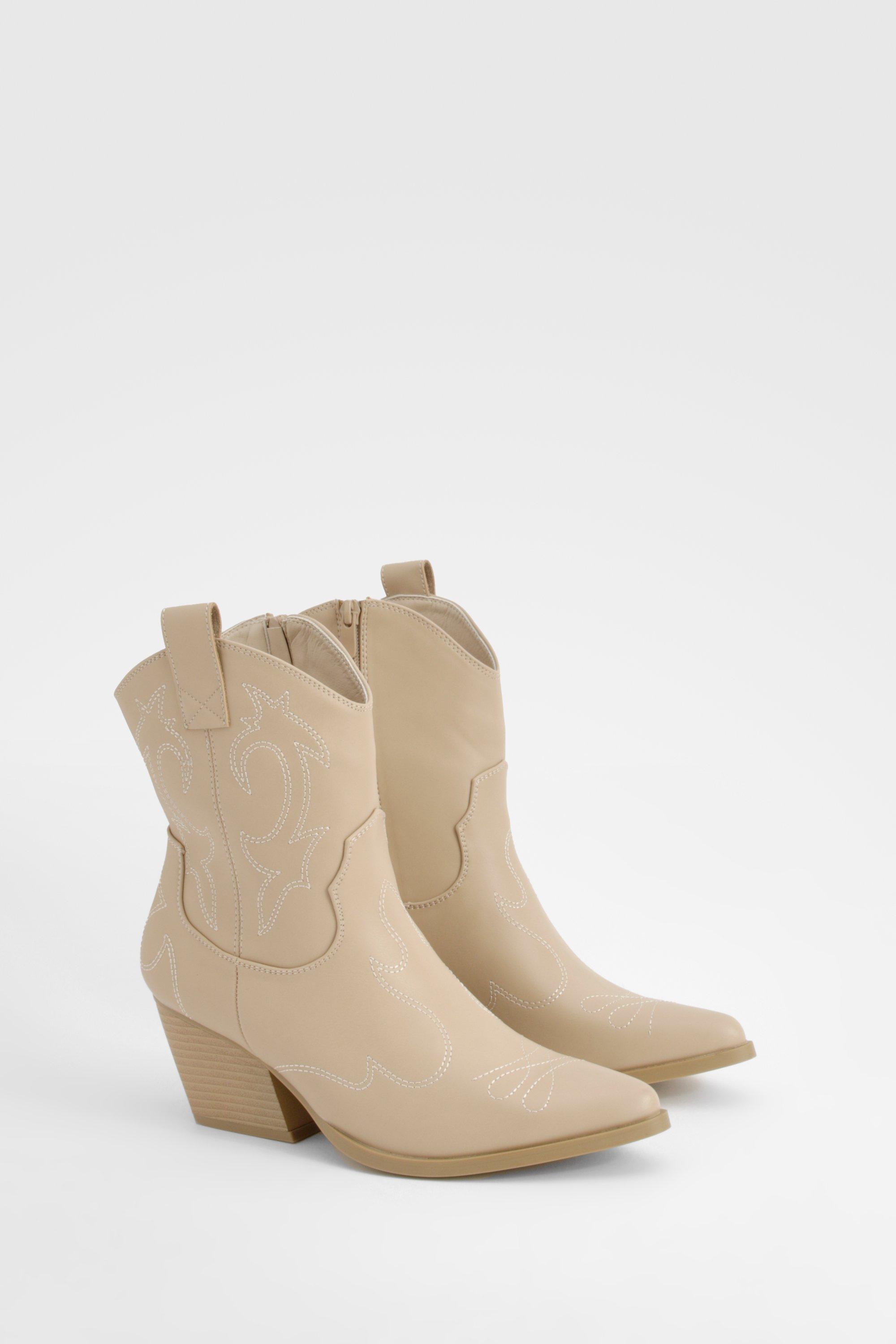 Image of Stitch Detail Western Ankle Boots, Beige