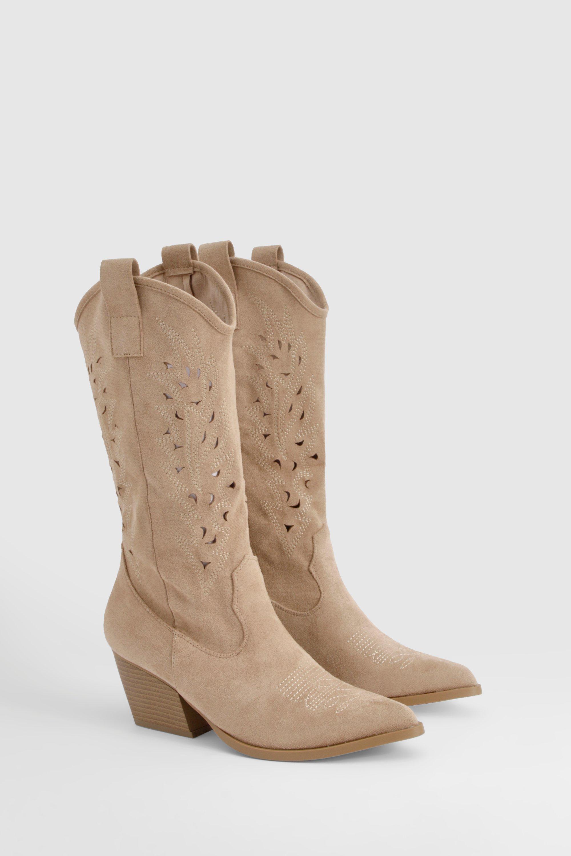 Boohoo Cut Out Detail Knee High Western Boots, Sand