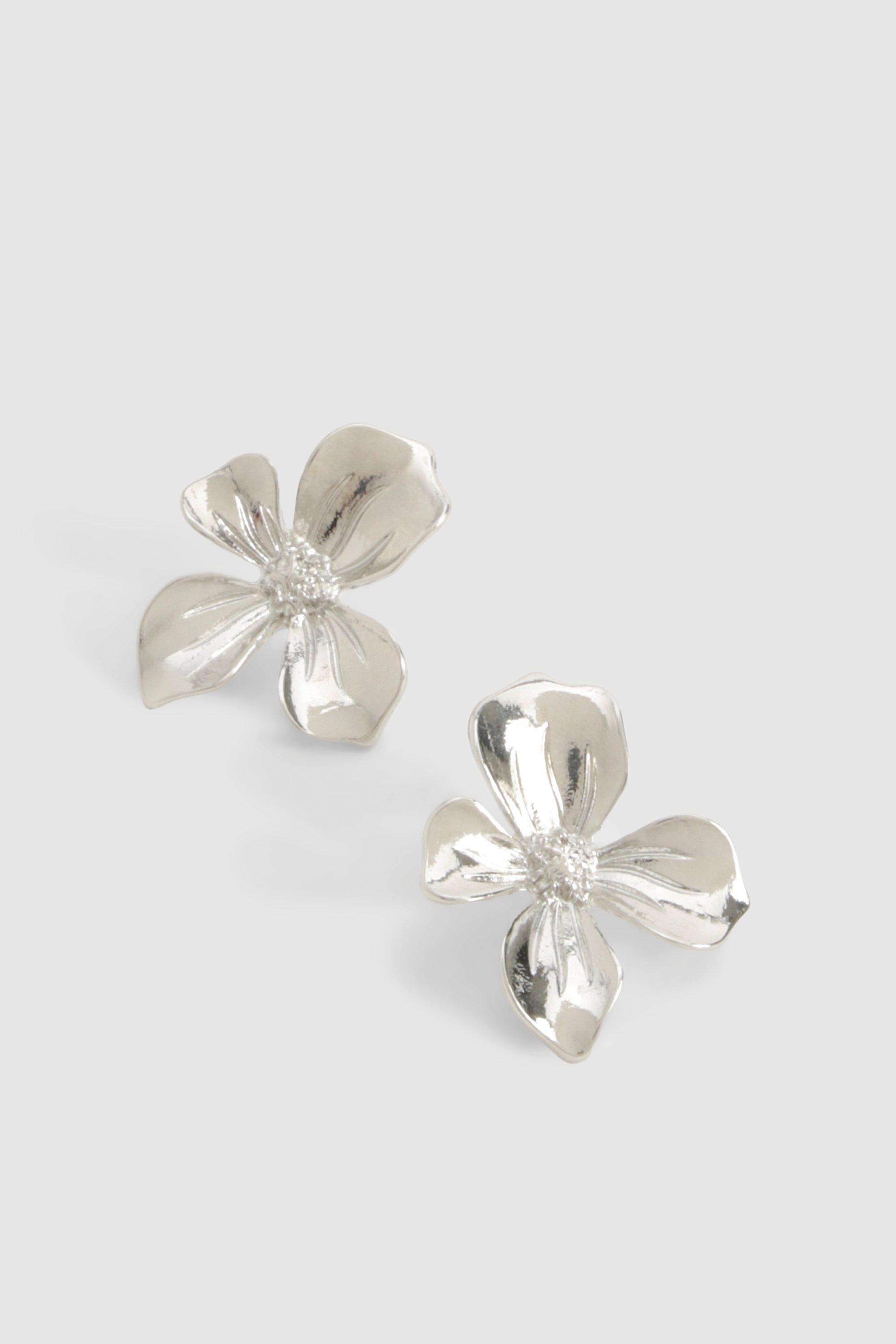 Womens Polished Flower Stud Earring - Grey - One Size, Grey