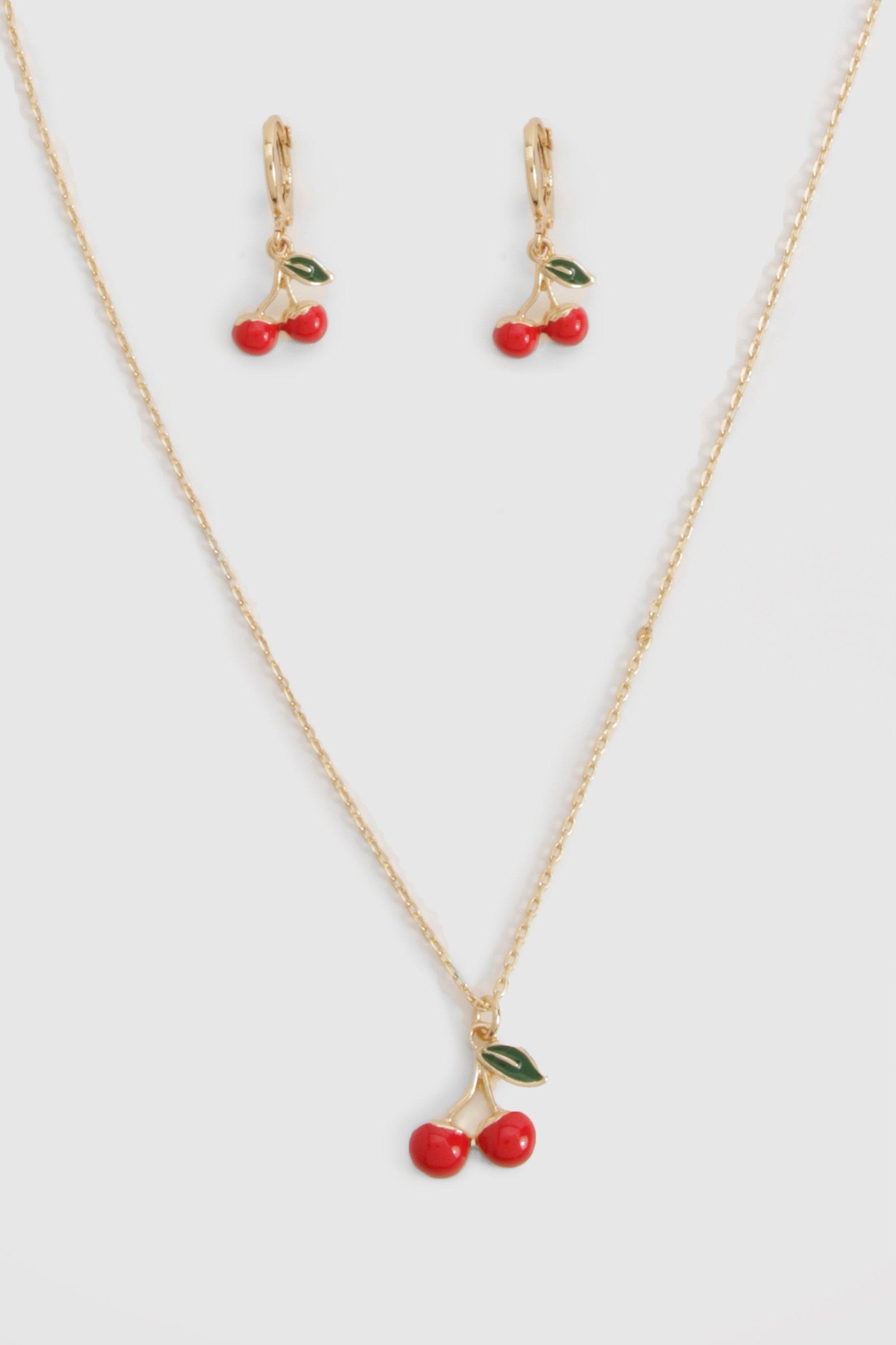 Womens Cherry Earring & Necklace Set - Gold - One Size, Gold