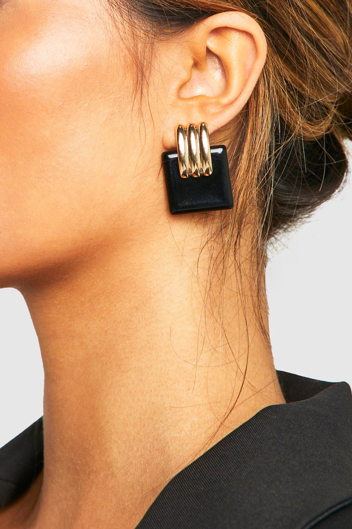 Womens Black Ridged Square Drop Earrings - One Size, Black