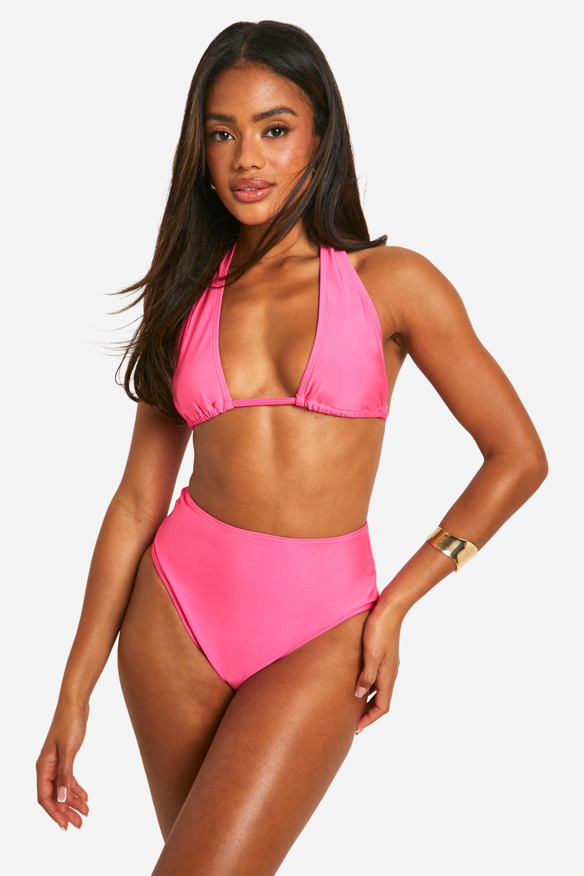 Boohoo Tummy Control Halterneck High Waisted Bikini Set, Bright Pink