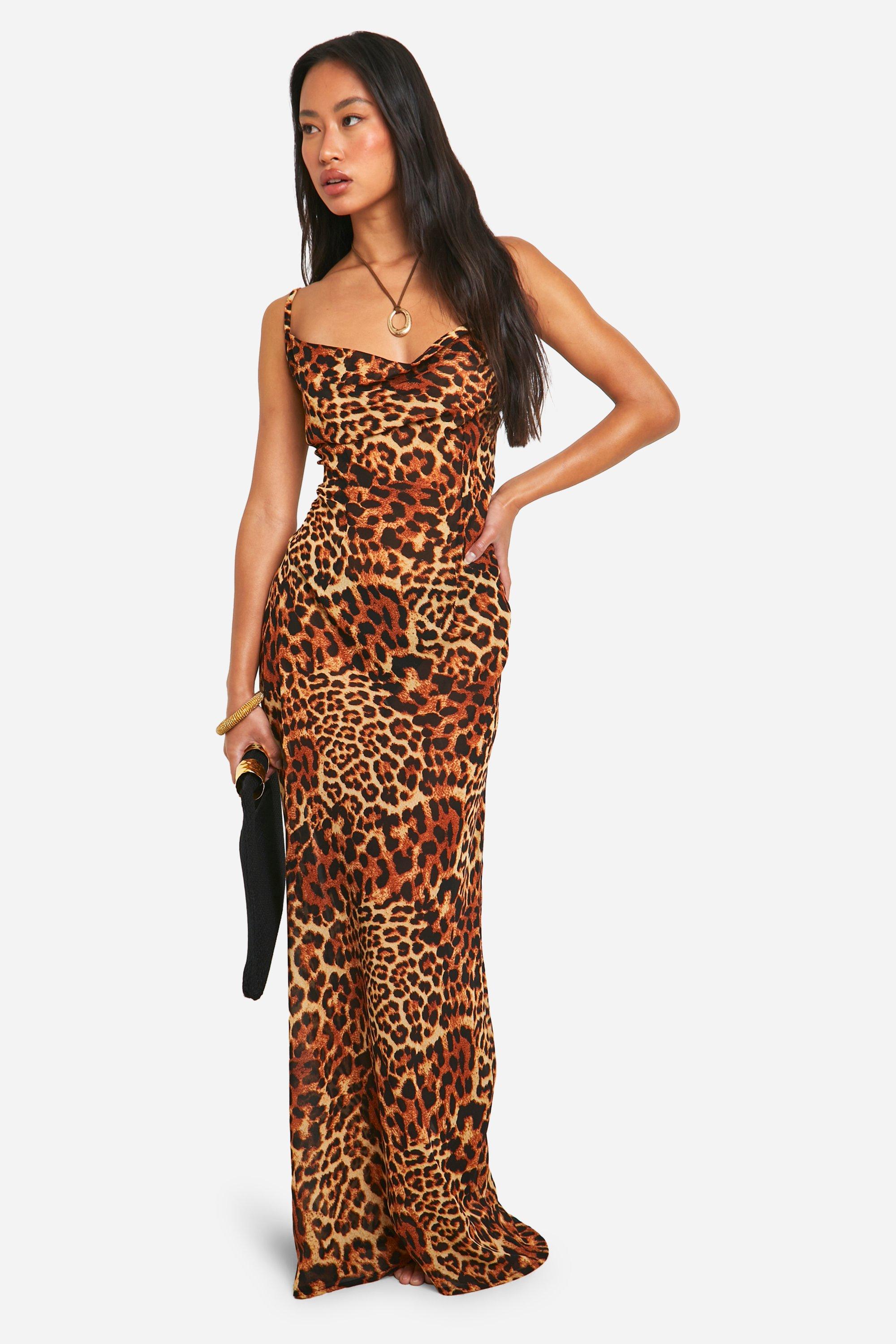 Boohoo Luipaardprint Maxi Strand Jurk Met Waterval Hals, Leopard