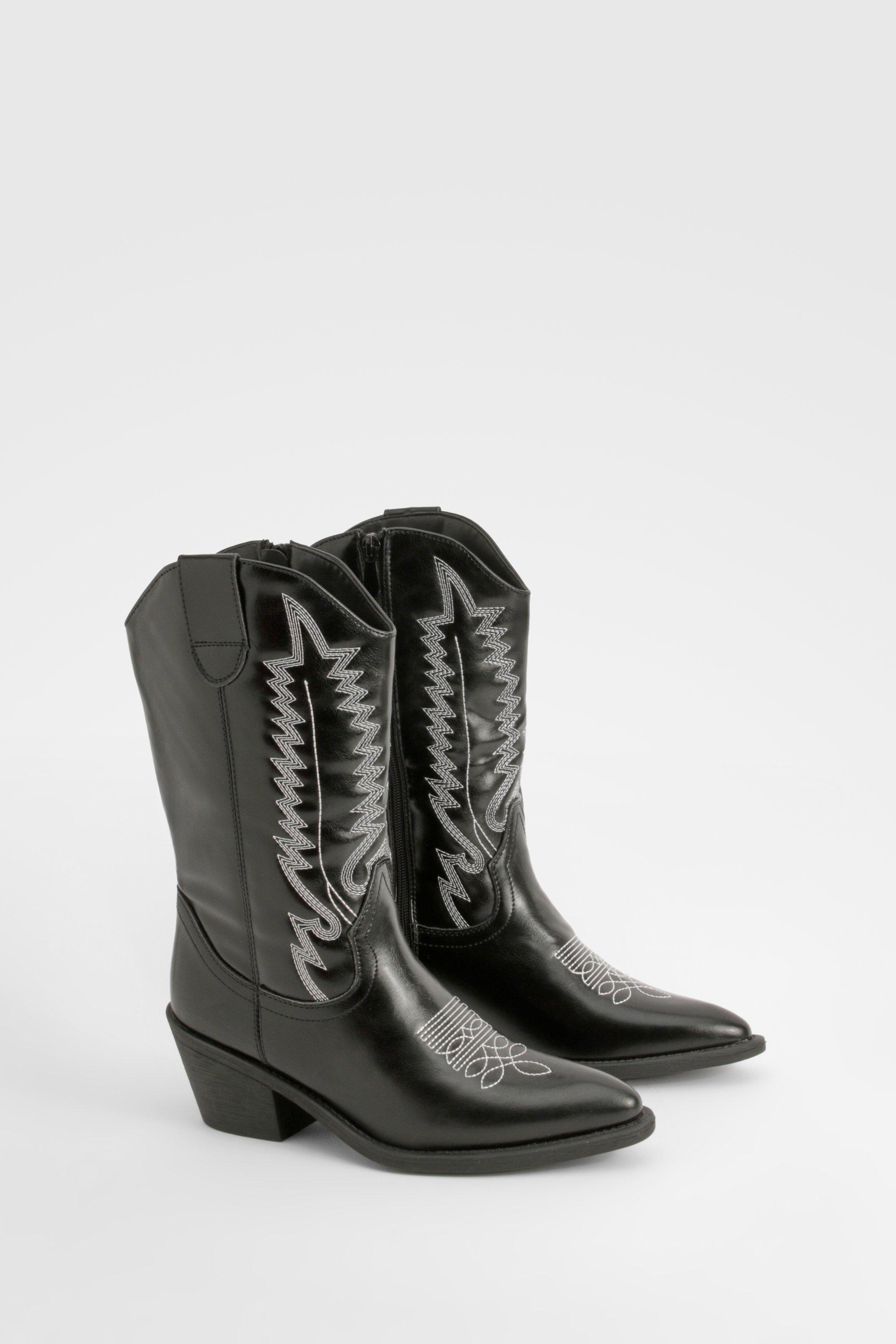 Boohoo Textured Embroidered Western Cowboy Boots, Black