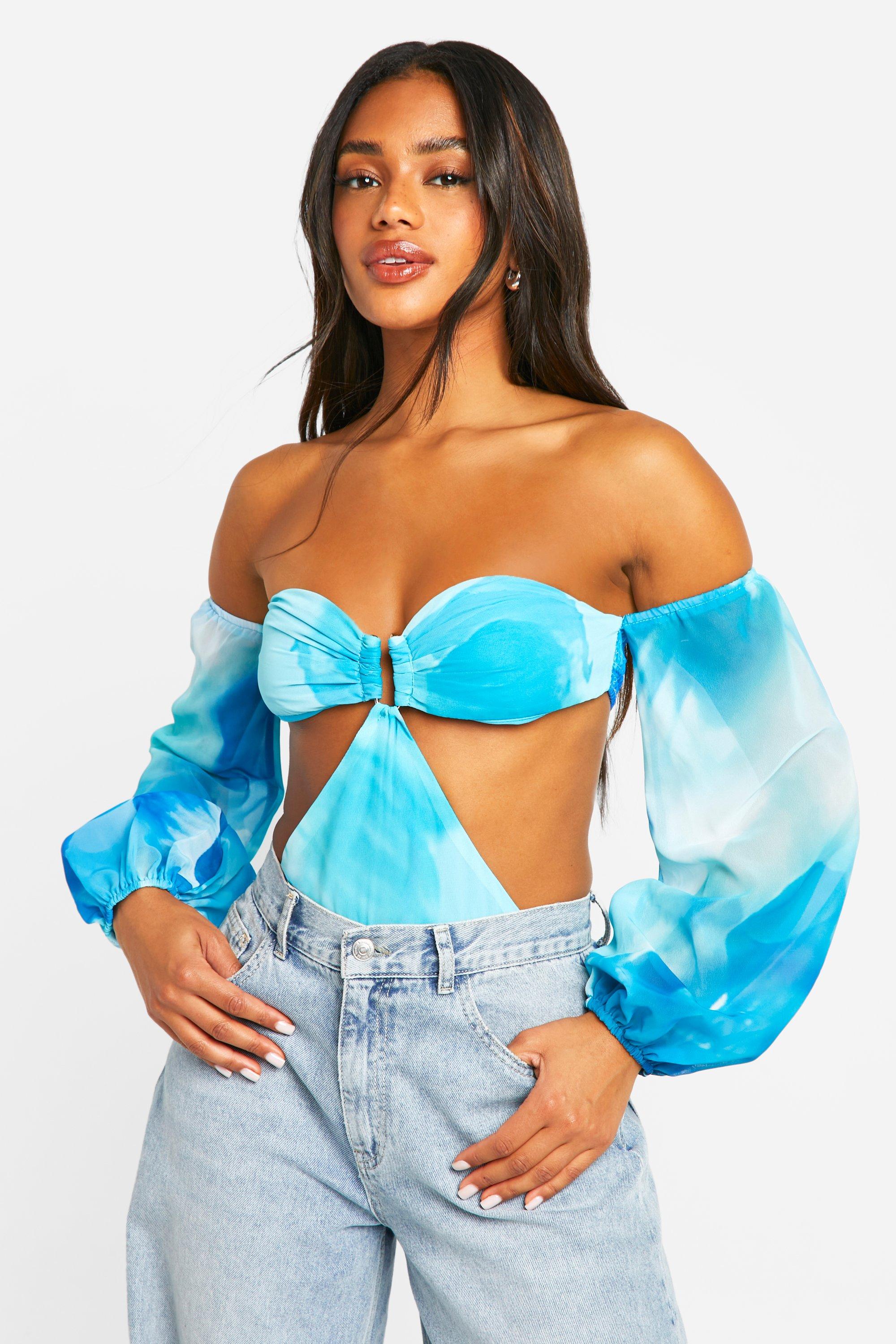 Image of Body in chiffon con stampa astratta e maniche a palloncino, Azzurro