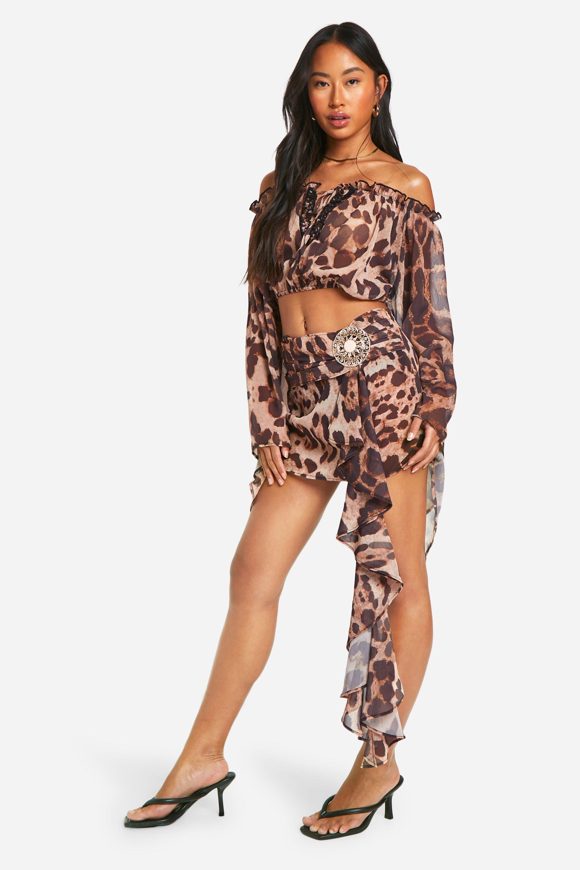 Boohoo Leopard Chiffon Ruffle Mini Skirt, Brown