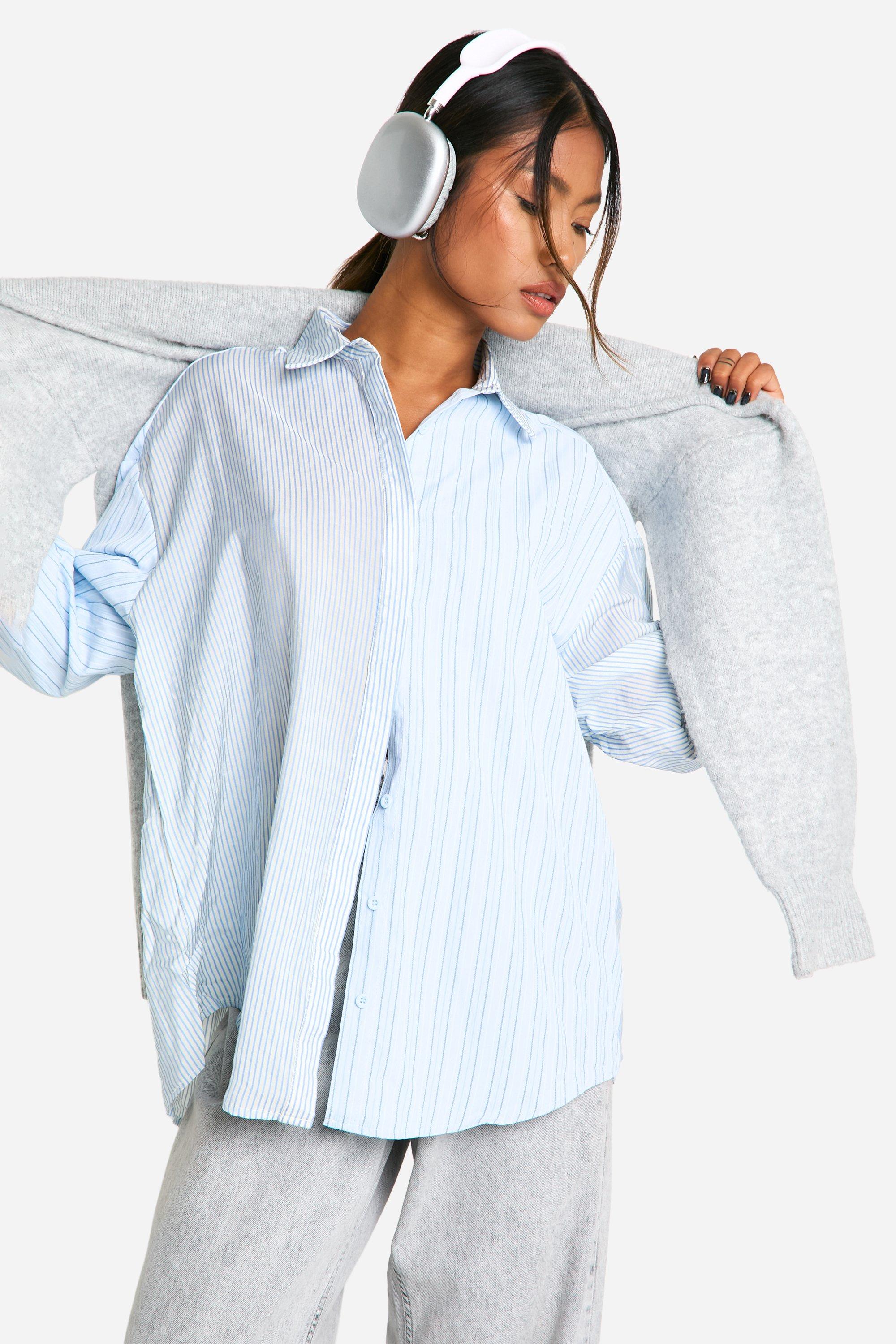 Image of Camicia oversize a righe miste, Azzurro