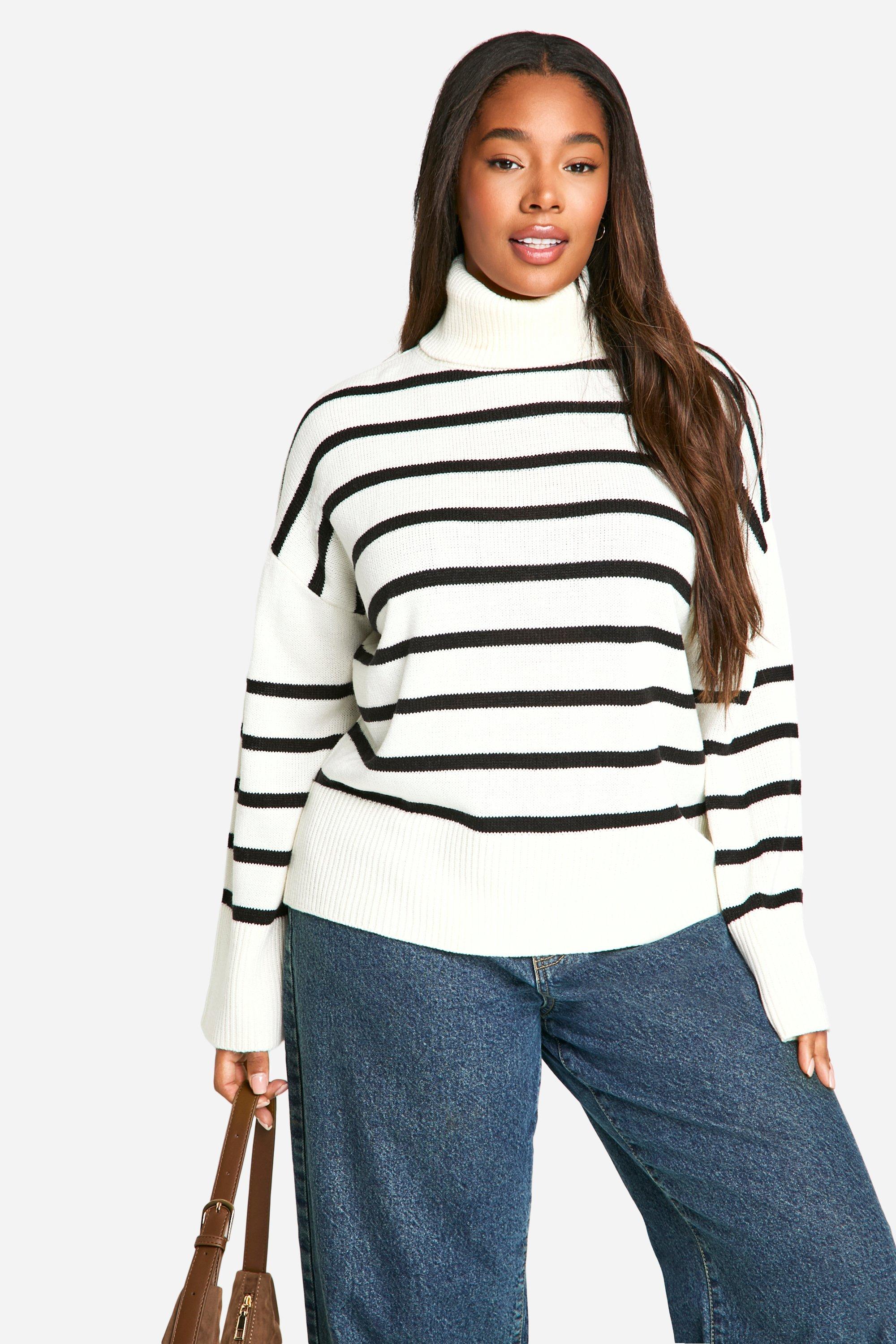 Image of Maglione Plus Size in maglia morbida a righe, Bianco