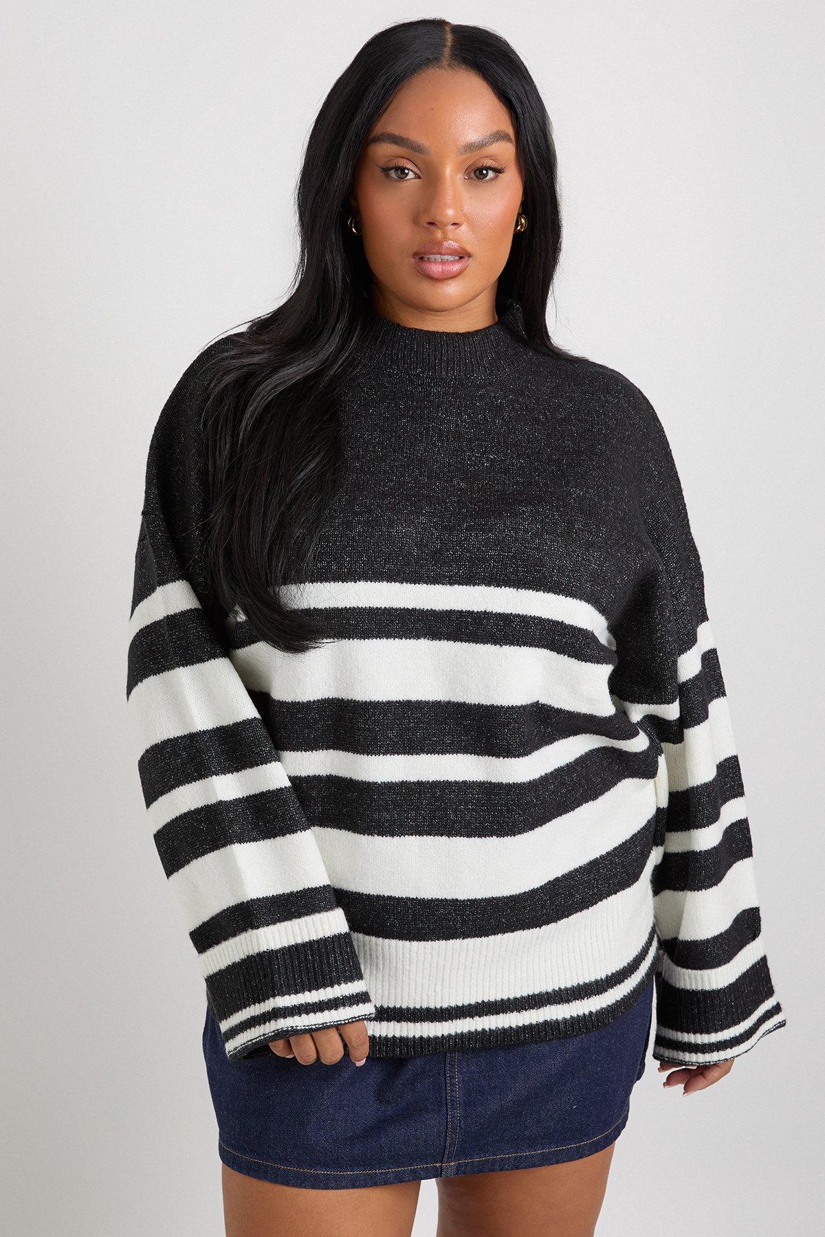 Image of Maglione Plus Size oversize a righe miste, Nero