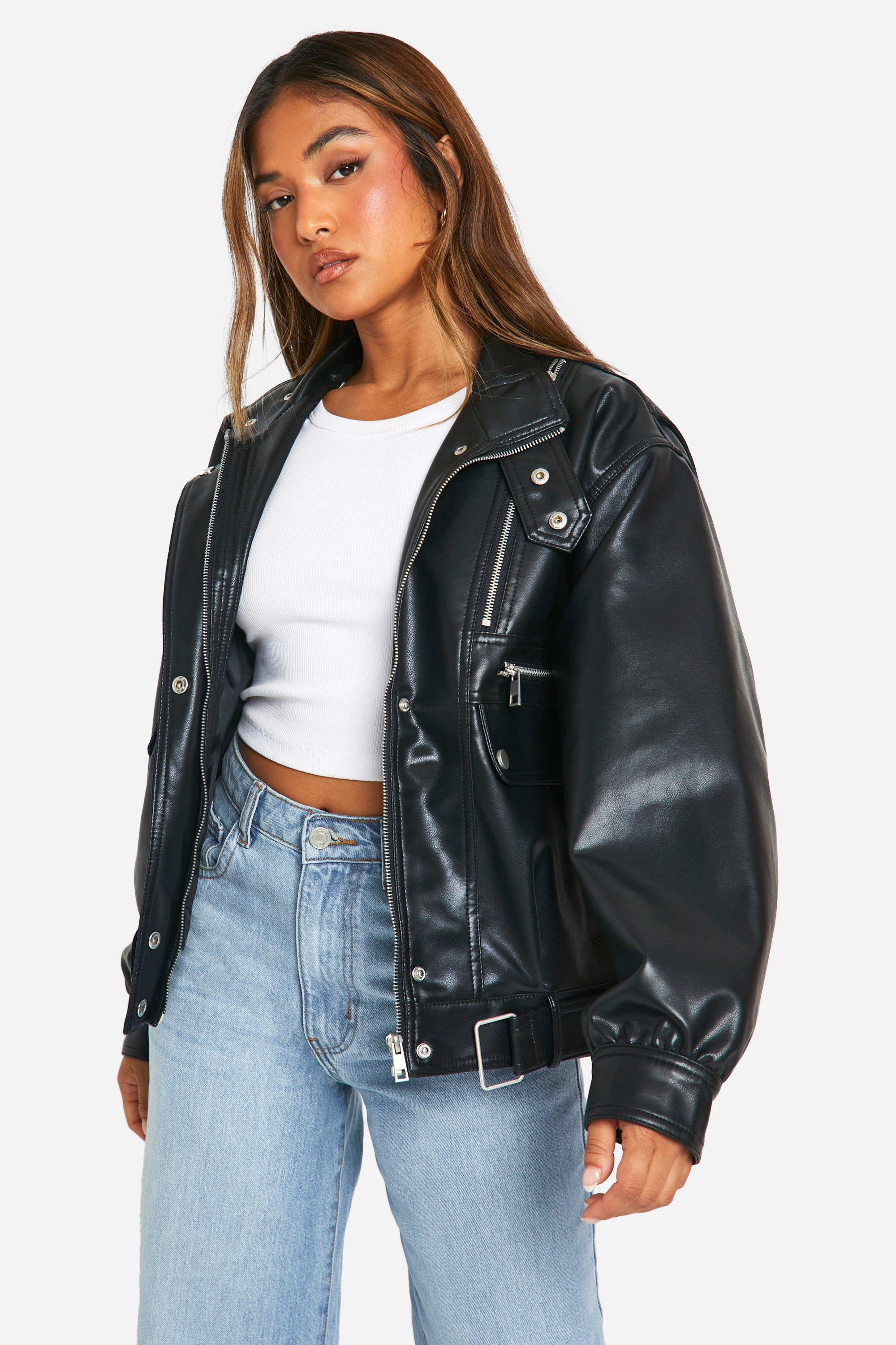 womens petite zip detail faux leather bomber jacket - black - 8, black
