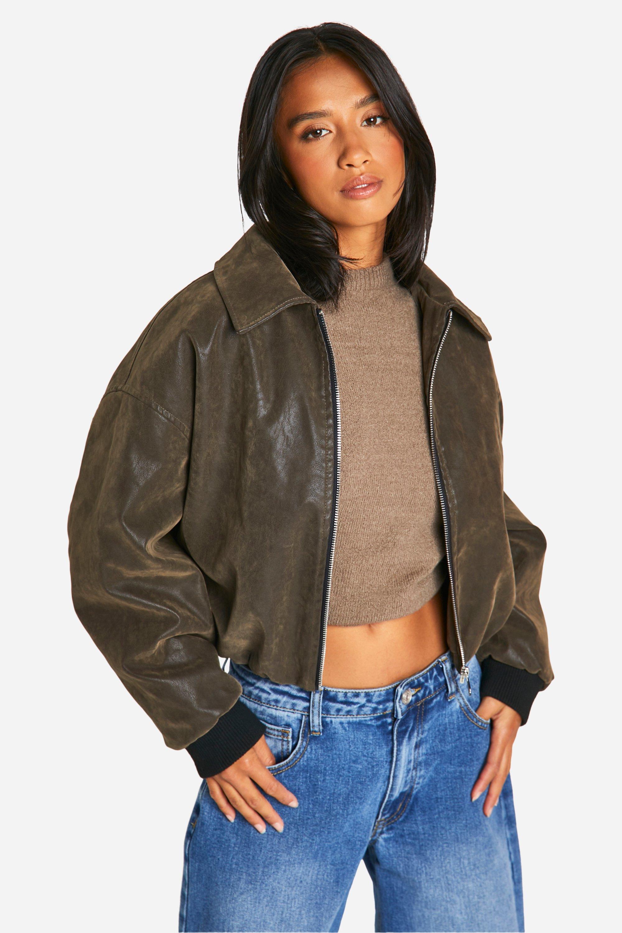 Image of Giacca Bomber Petite in pelle sintetica effetto vintage, Brown