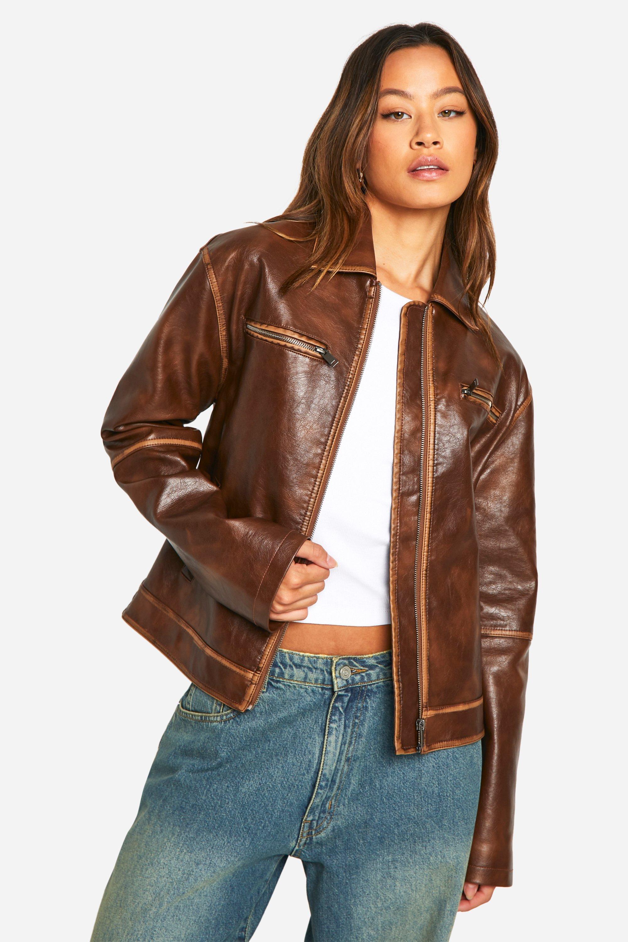 Womens Tall Vintage Look Boyfriend Faux Leather Zip Jacket - Brown - 8, Brown