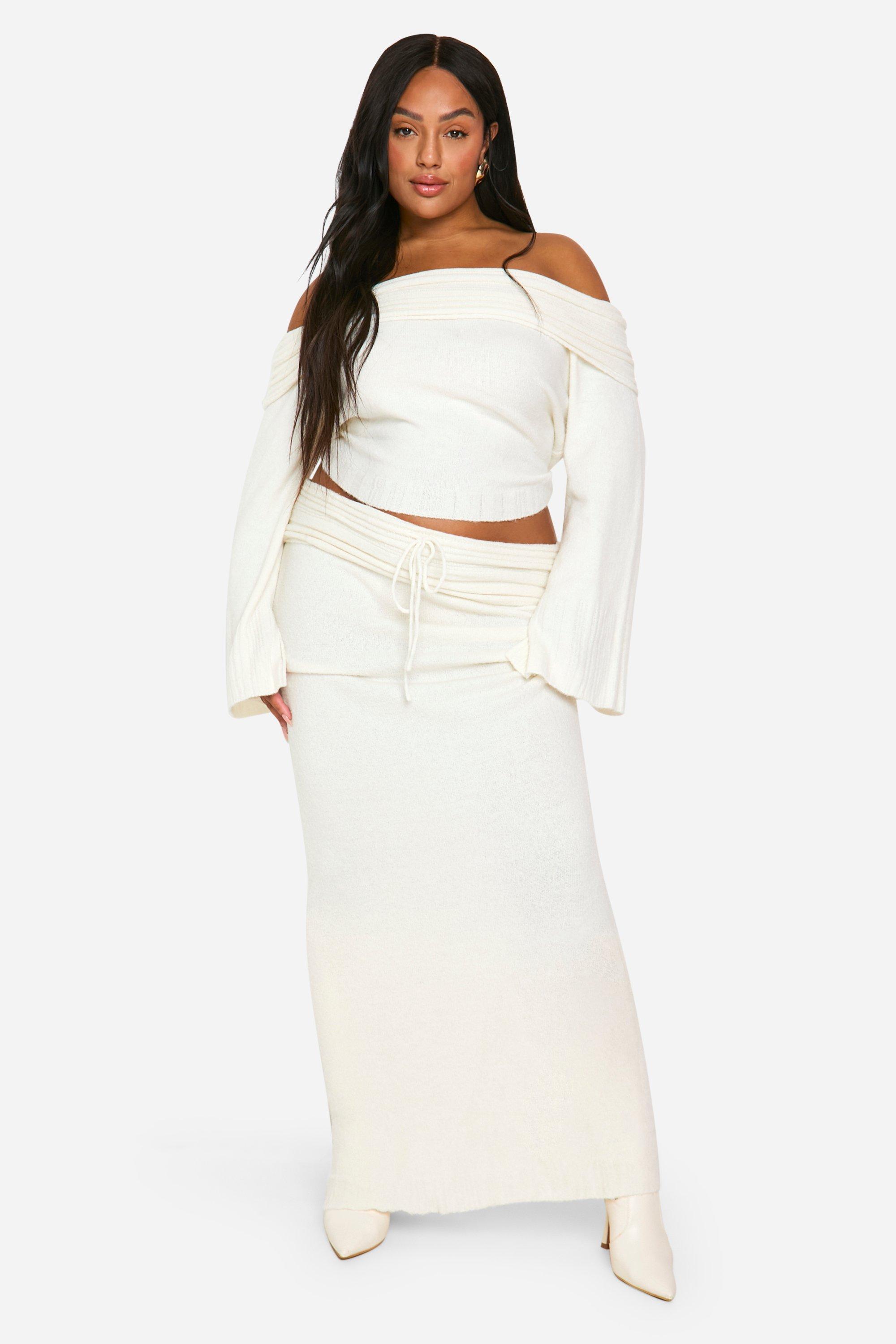 Image of Gonna maxi Plus Size in maglia a coste con laccetti, Bianco