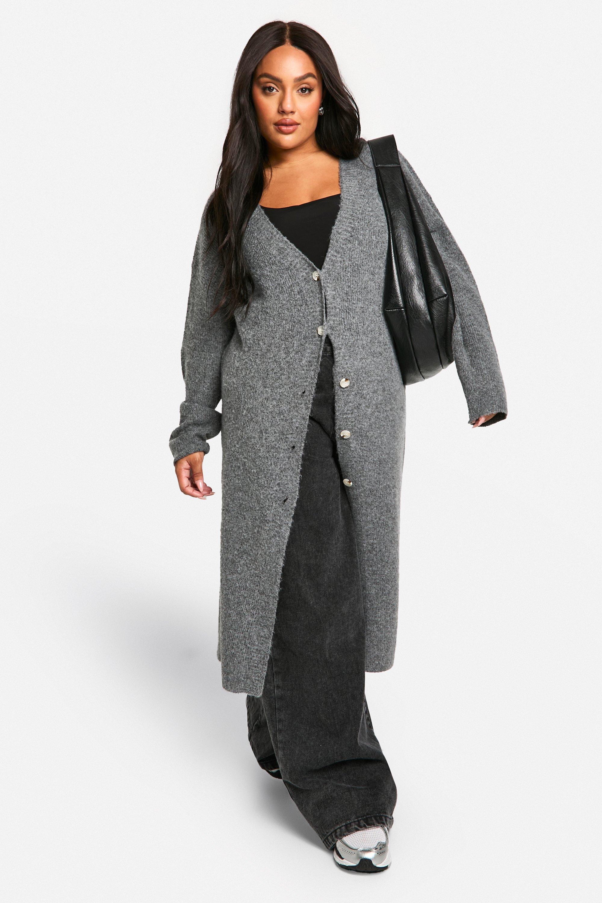 Boohoo Plus Zachte Gebreide Long Line Cardigan, Grey