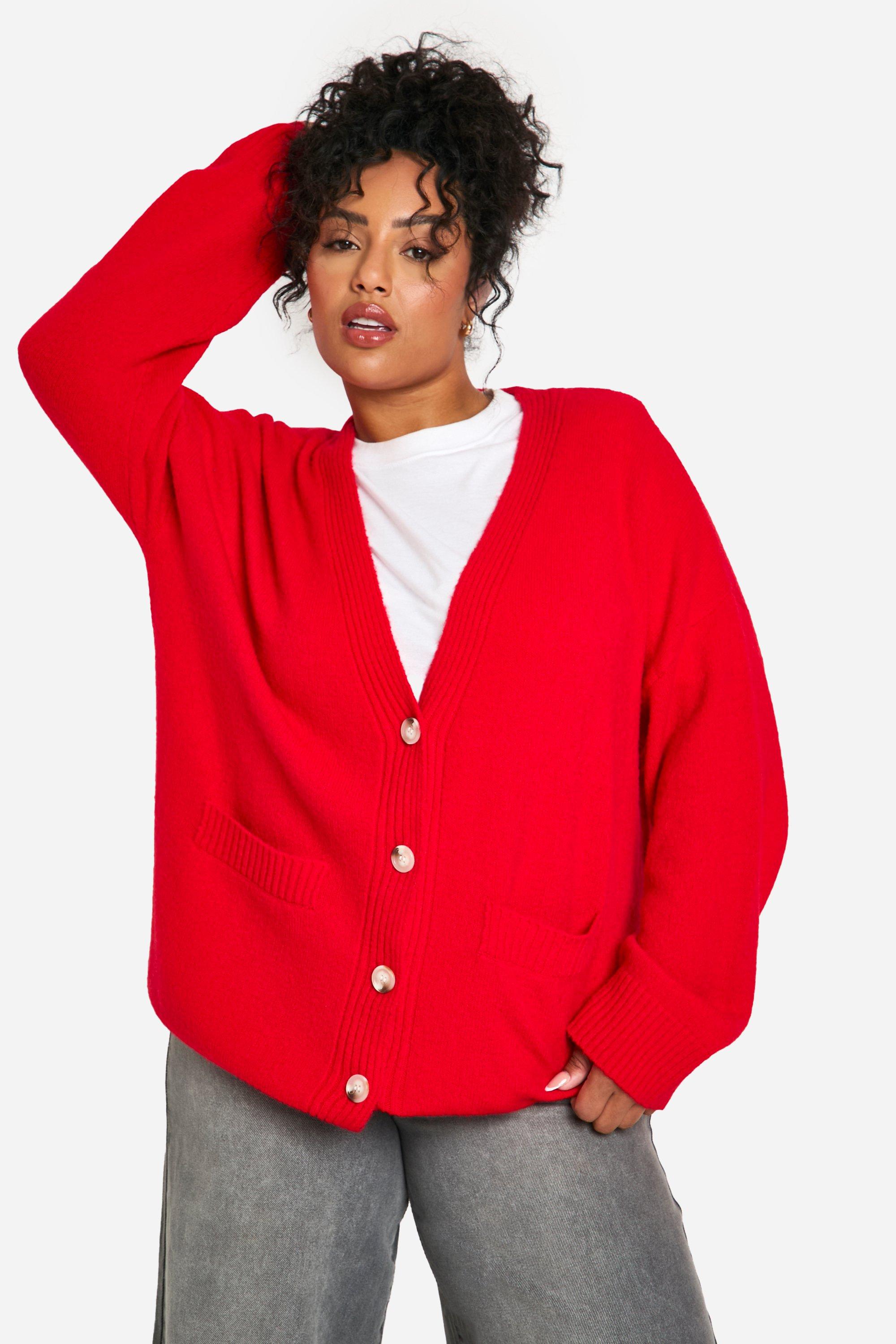 Boohoo Plus Oversized Zachte Gebreide Boyfriend Cardigan, Red