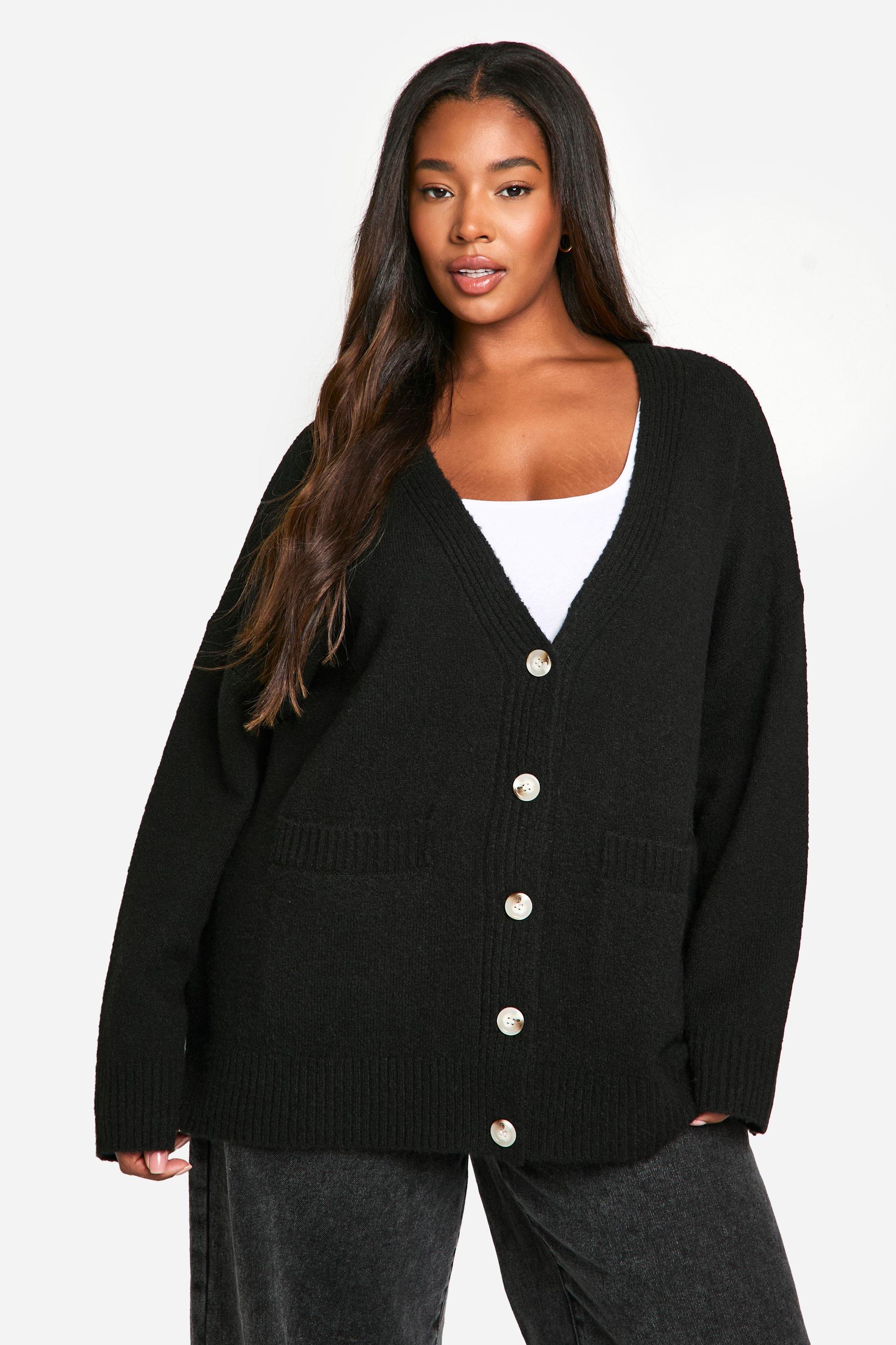 Boohoo Plus Oversized Zachte Gebreide Boyfriend Cardigan, Black