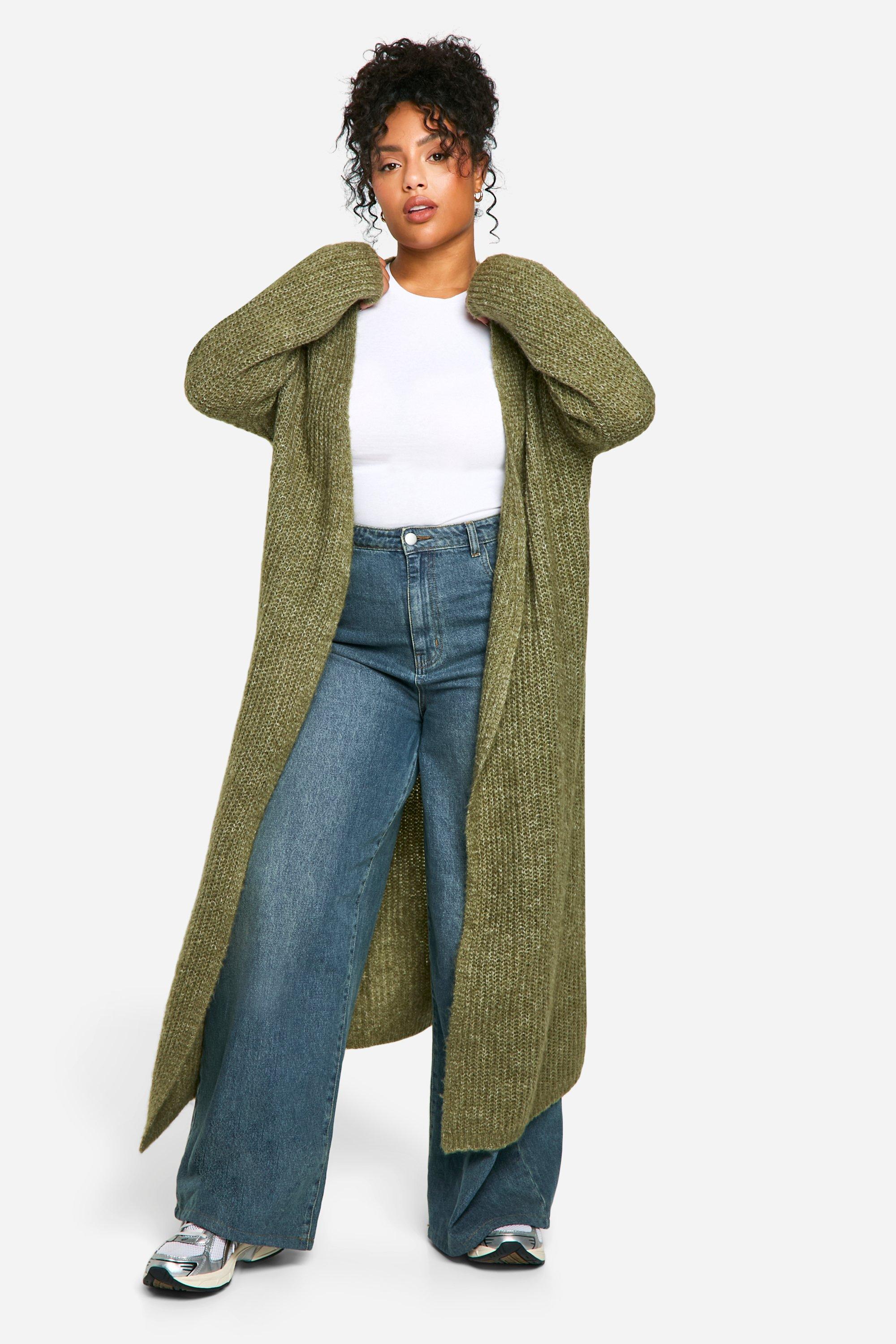 Boohoo Plus Zachte Geribbelde Gebreide Edge To Edge Maxi Cardigan, Khaki