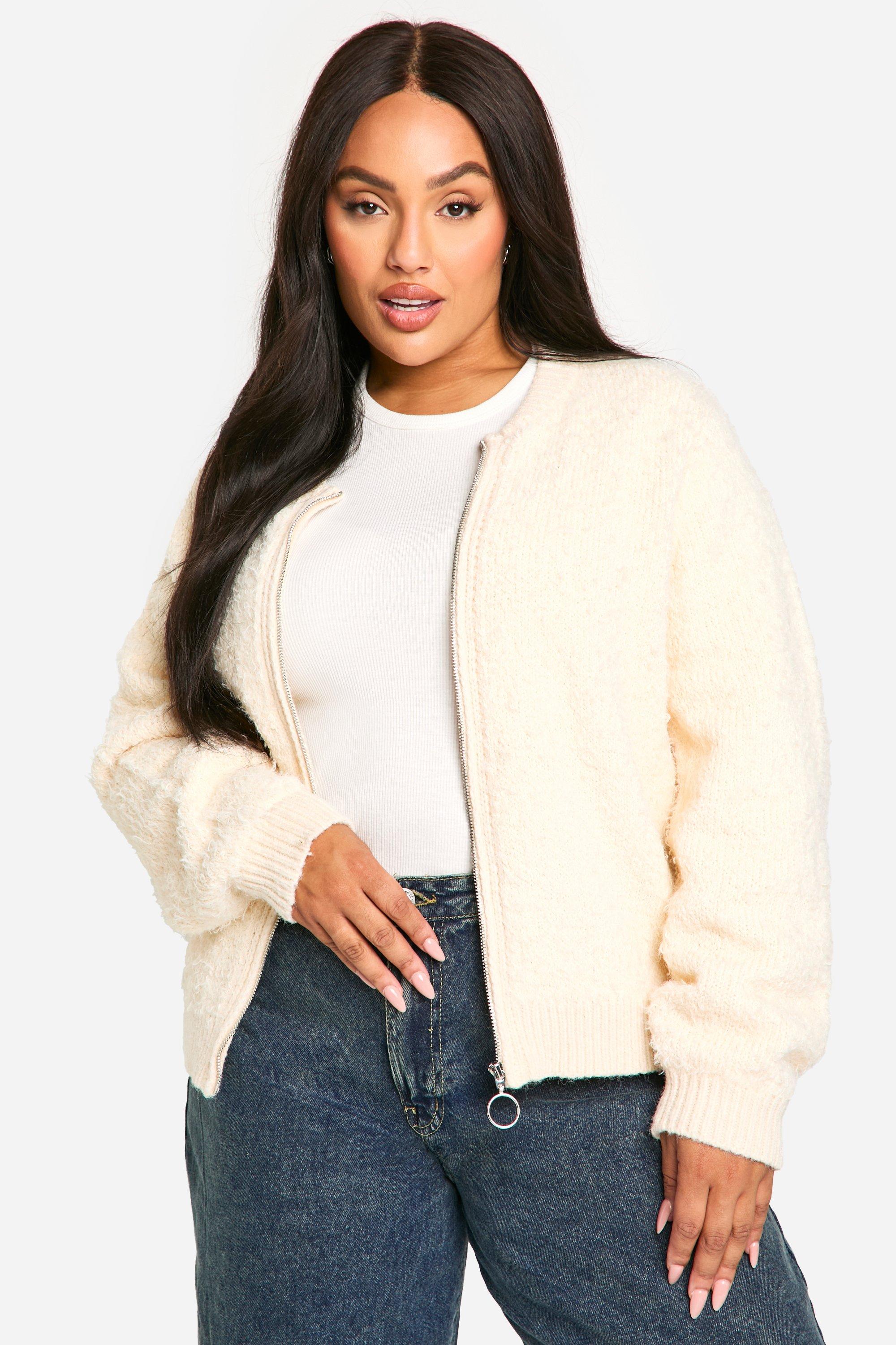 Boohoo Plus Zachte Gebreide Bouclé Bomber Cardigan, Ecru