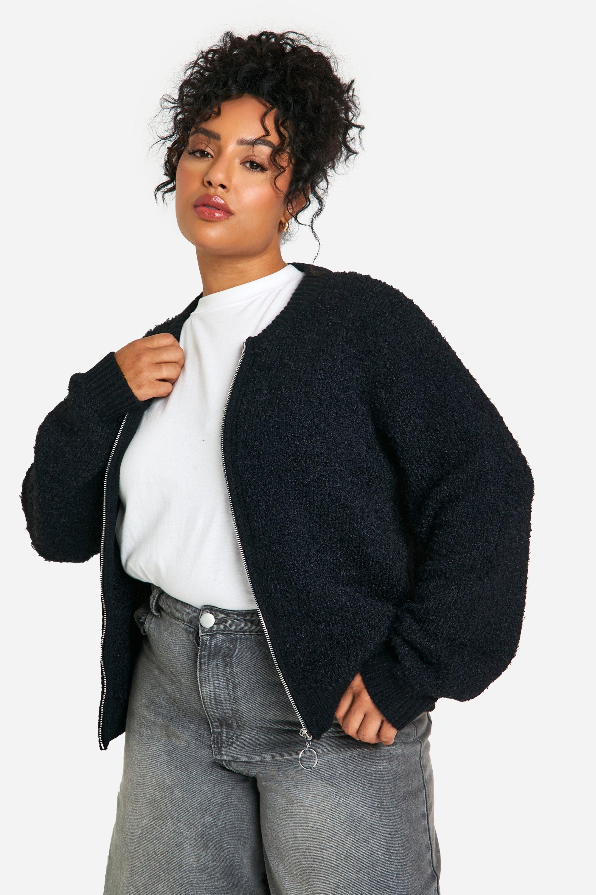 Boohoo Plus Zachte Gebreide Bouclé Bomber Cardigan, Black