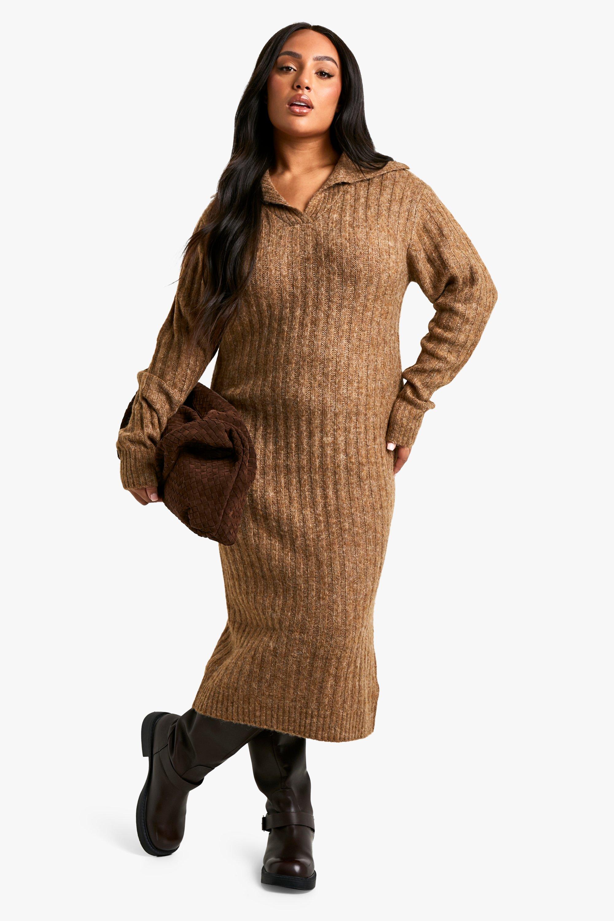 Image of Vestito maxi Plus Size in maglia morbida a coste spesse con colletto, Beige