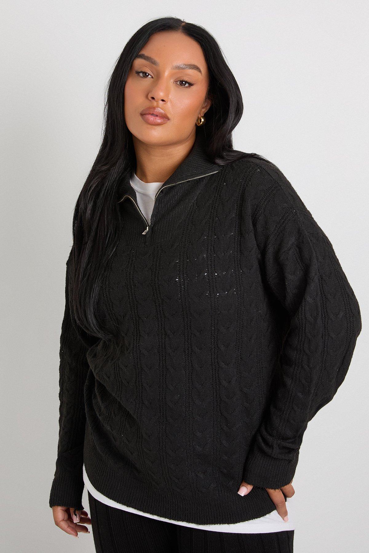 Image of Maglione Plus Size in maglia intrecciata morbida con collo a imbuto, Nero