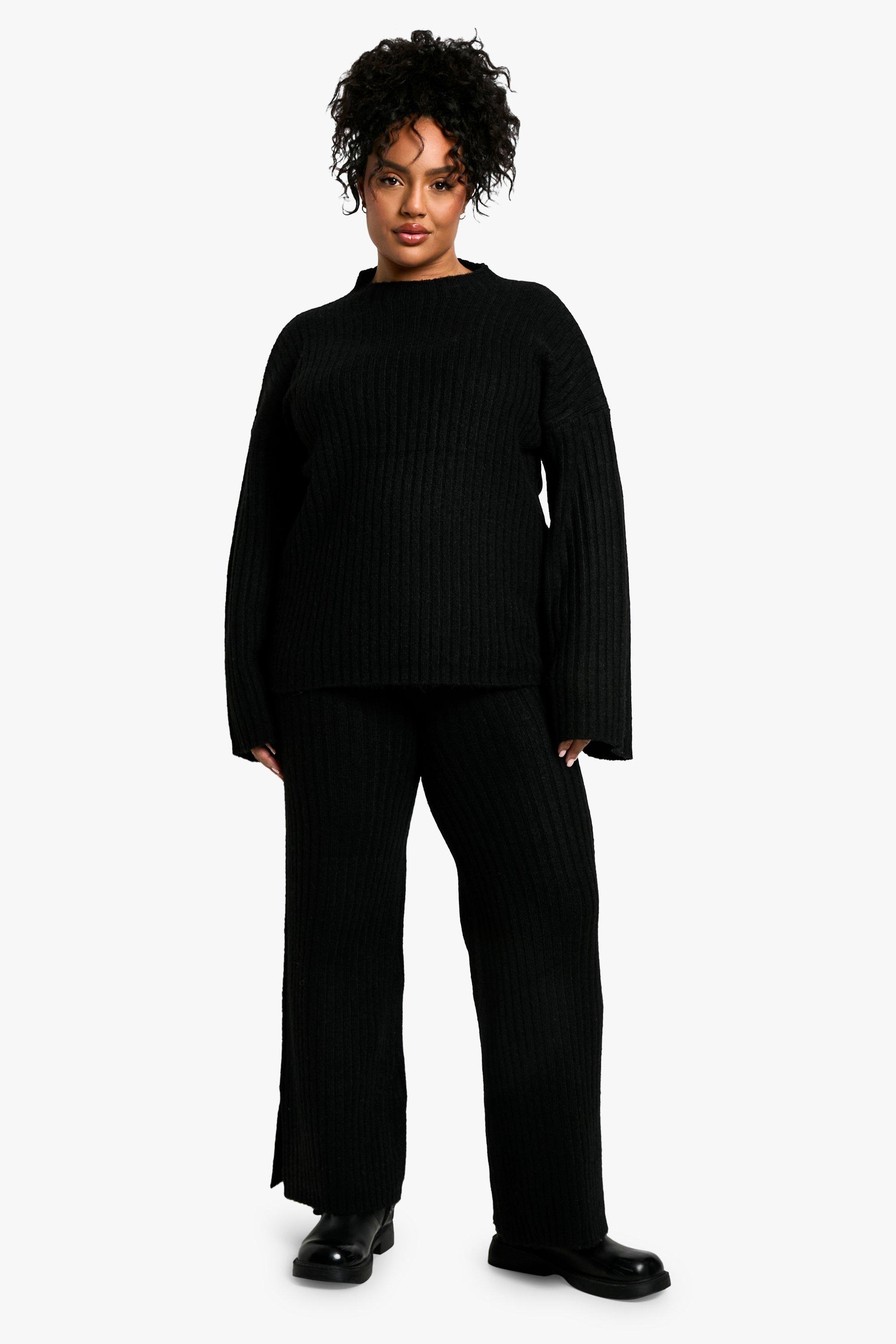 Image of Set Plus Size oversize a girocollo in maglia morbida a coste spesse & pantaloni in maglia, Nero