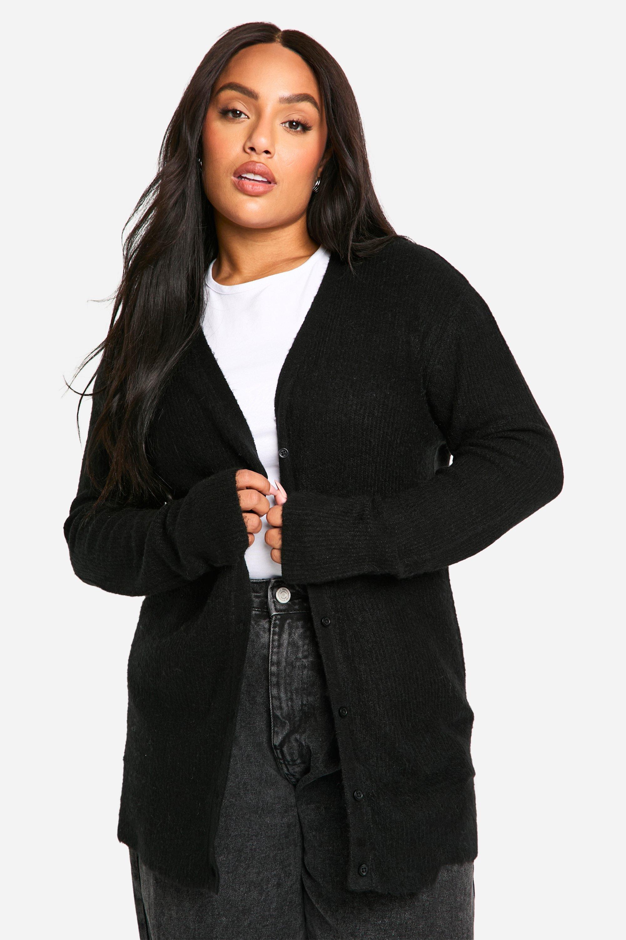 Boohoo Plus Zachte Geribbelde Gebreide Baggy Boyfriend Cardigan, Black