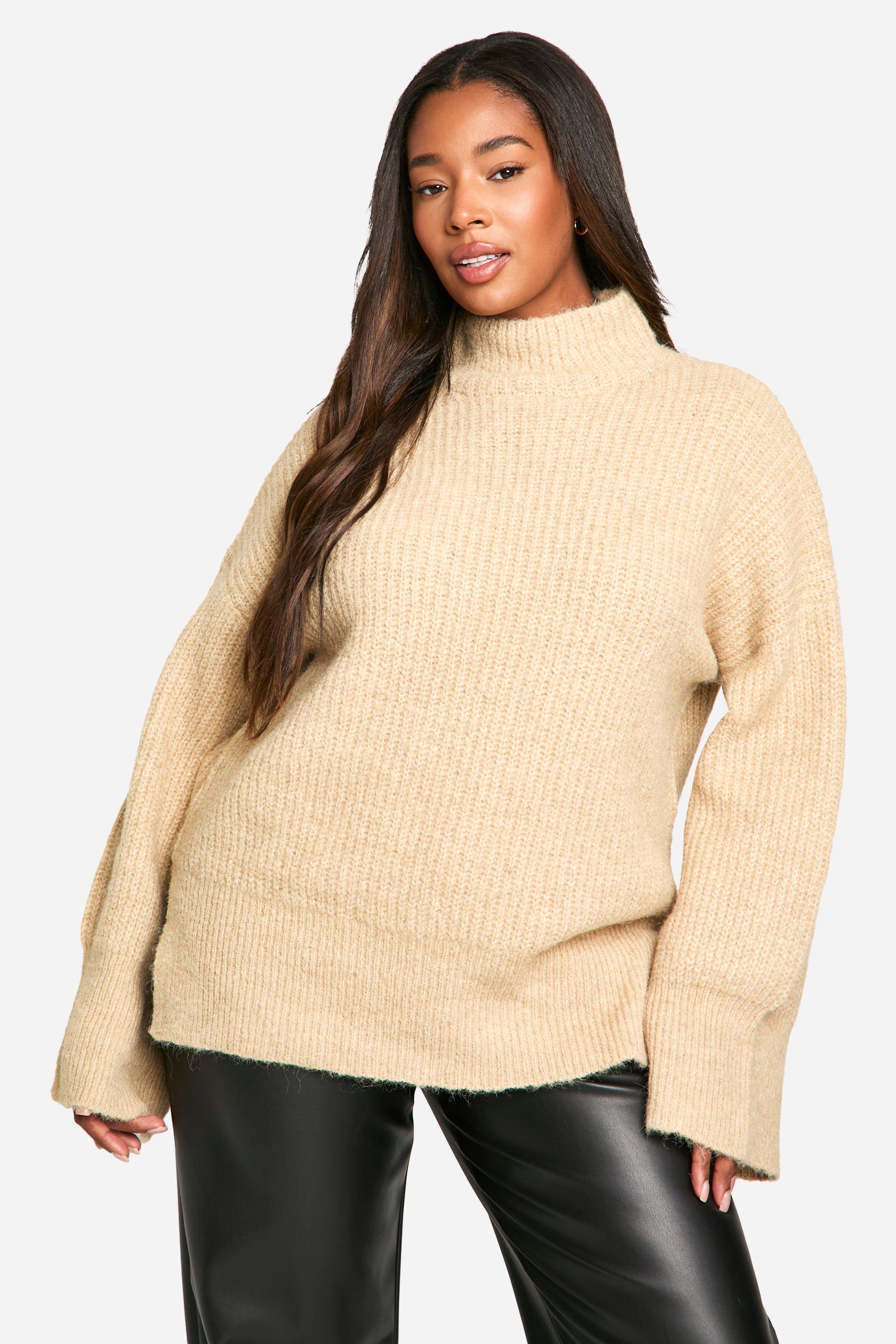 Image of Maglione Plus Size oversize in maglia a collo alto, Beige