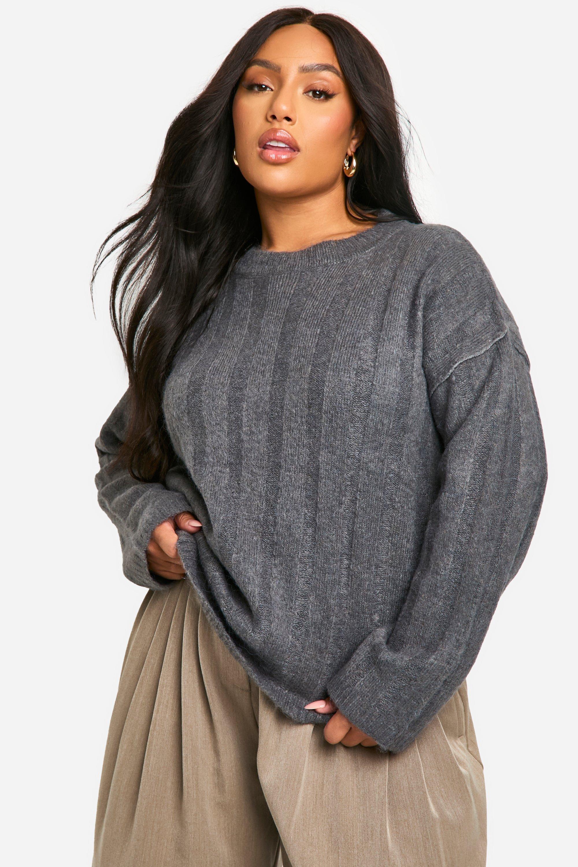 Image of Maglione Plus Size oversize a coste ampie morbide, Grigio