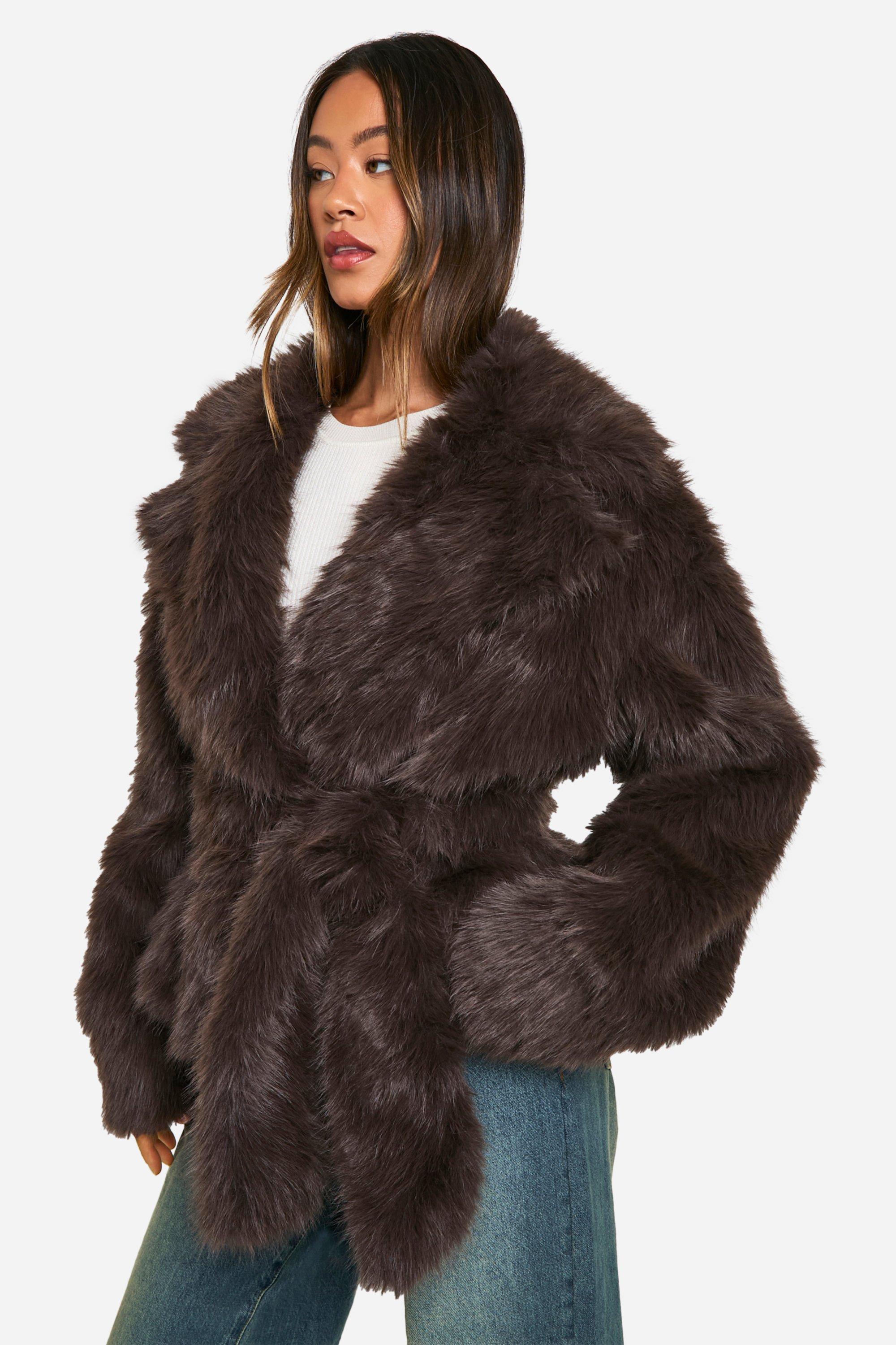 Womens Tall Belted Faux Fur Jacket - Grey - 12, Grey