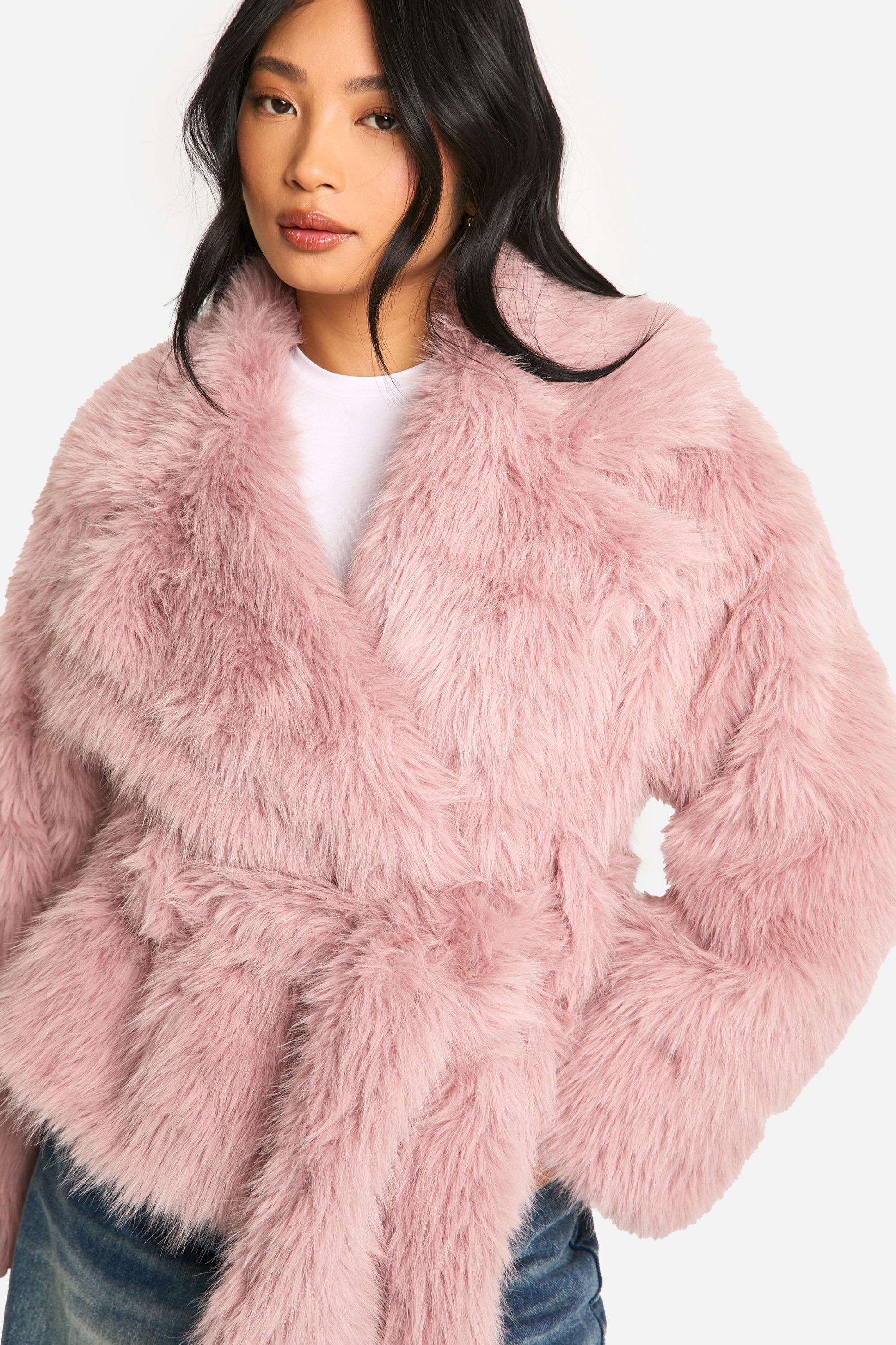 Boohoo Petite Faux Fur Jas Met Ceintuur, Pale Pink