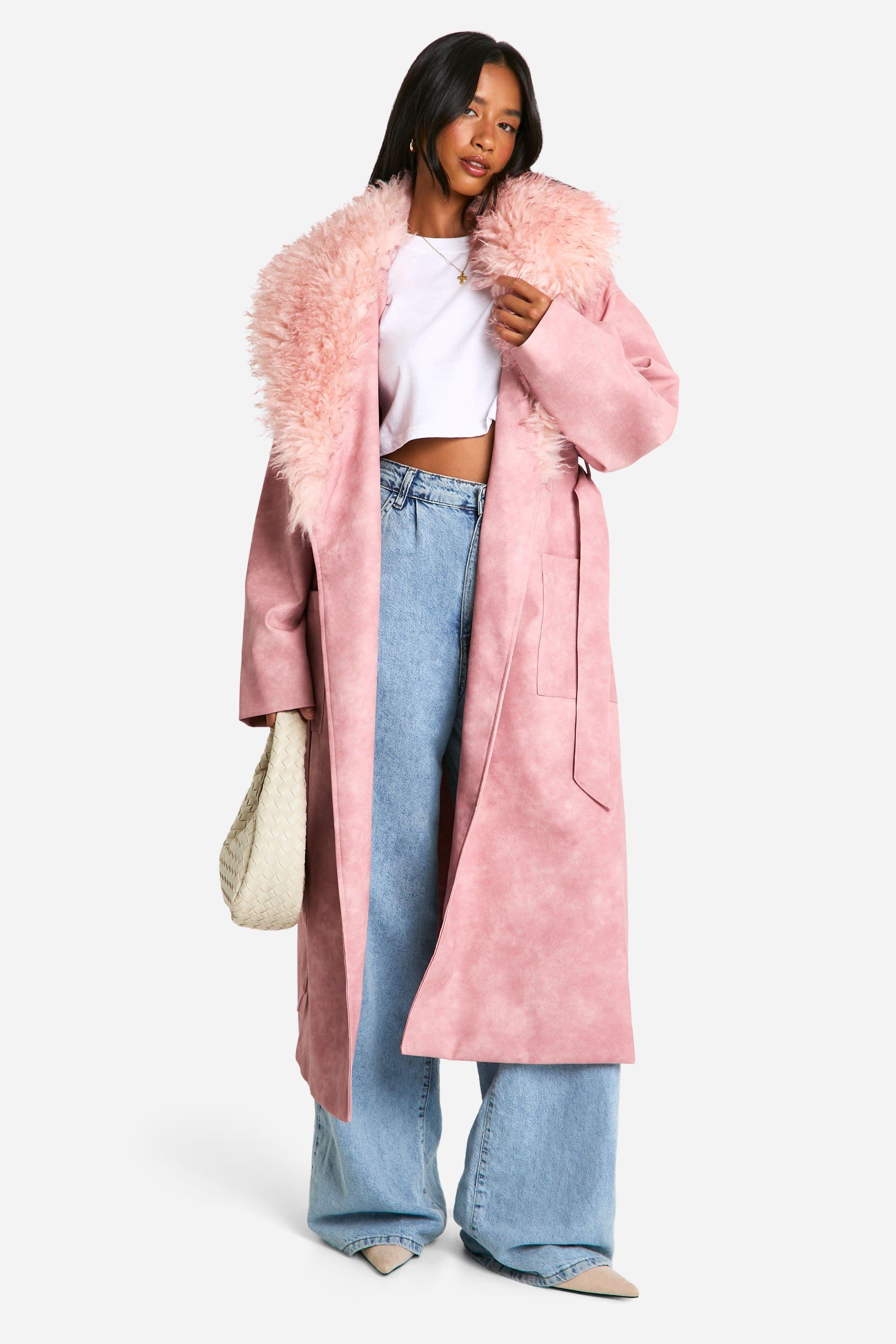 Boohoo Petite Nepleren Vintage Trenchcoat Met Faux Fur Kraag, Pale Pink