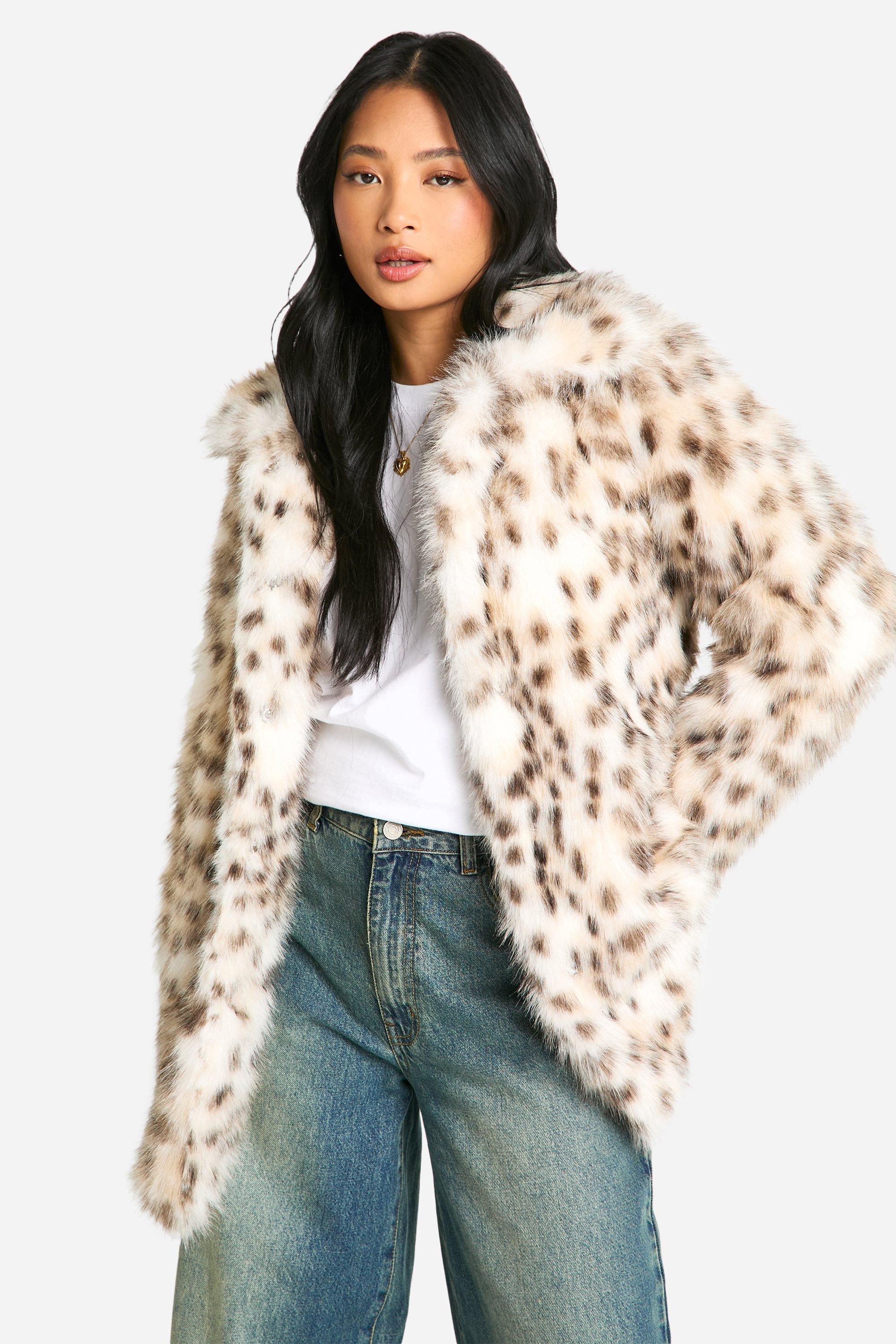 Boohoo Petite Faux Fur Sneeuwluipaardprint Jas, Natural