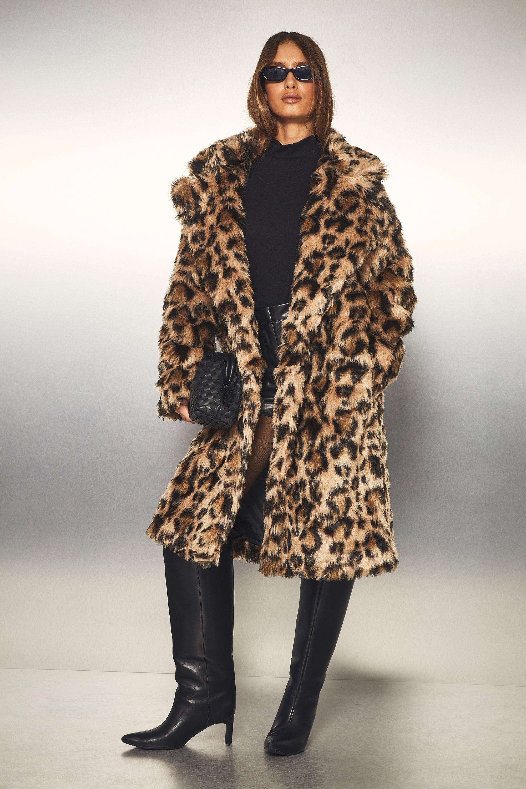 Womens Tall Leopard Faux Fur Coat - Multi - 10, Multi