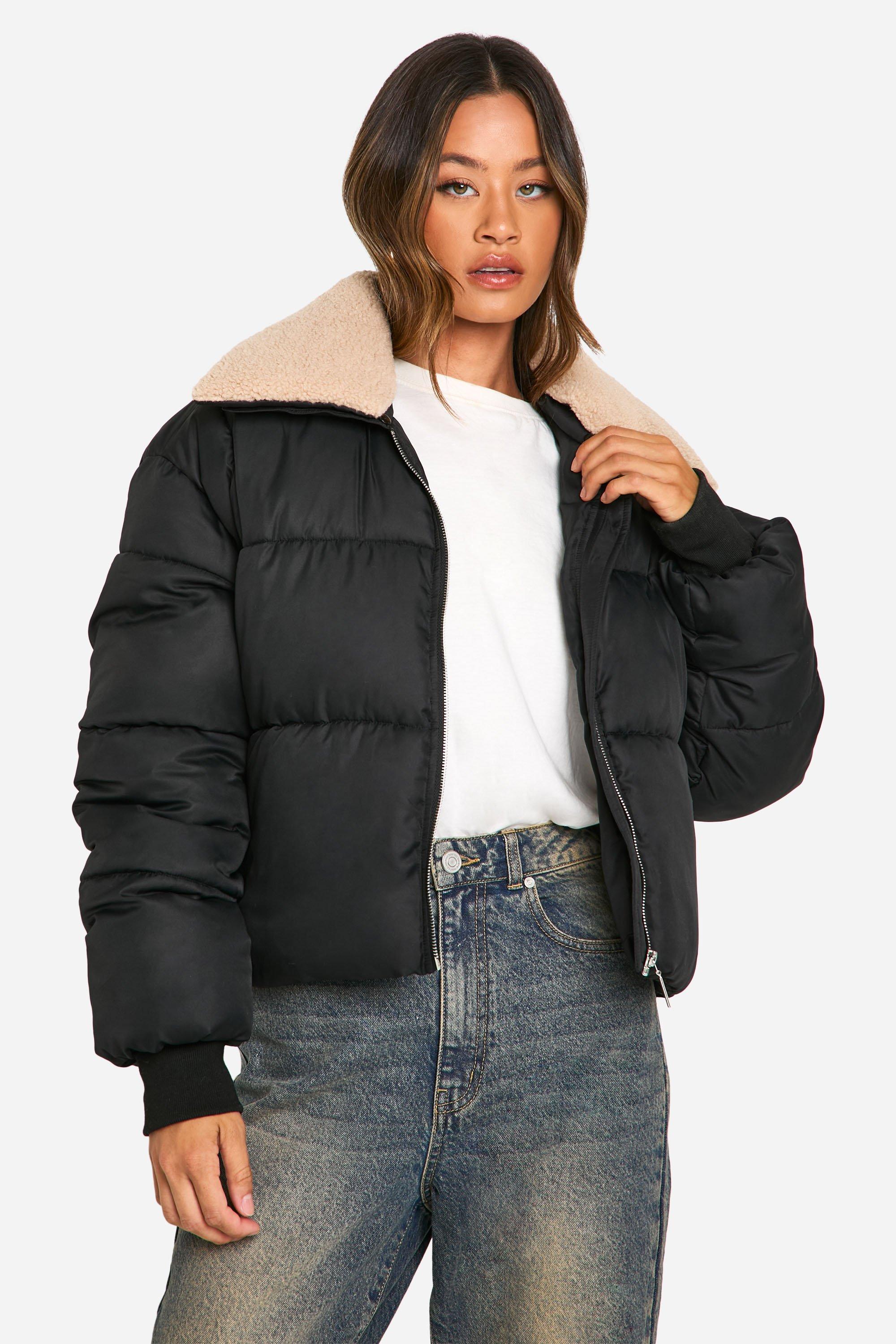 Womens Tall Teddy Trim Collar Puffer Jacket - Black - 8, Black