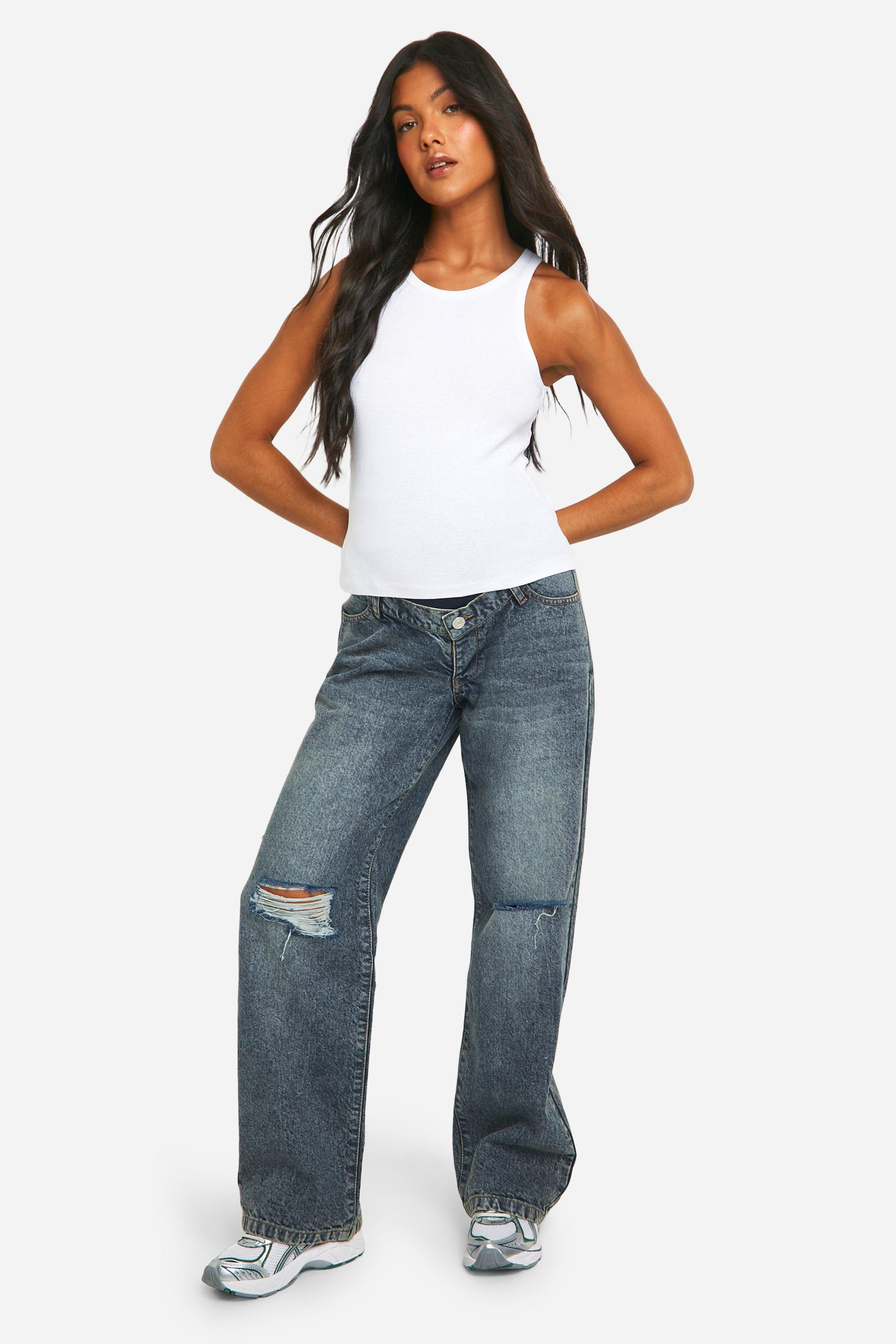 Boohoo Zwangerschap Basic Boyfriend Jeans Met Gescheurde Knieën, Vintage Blue