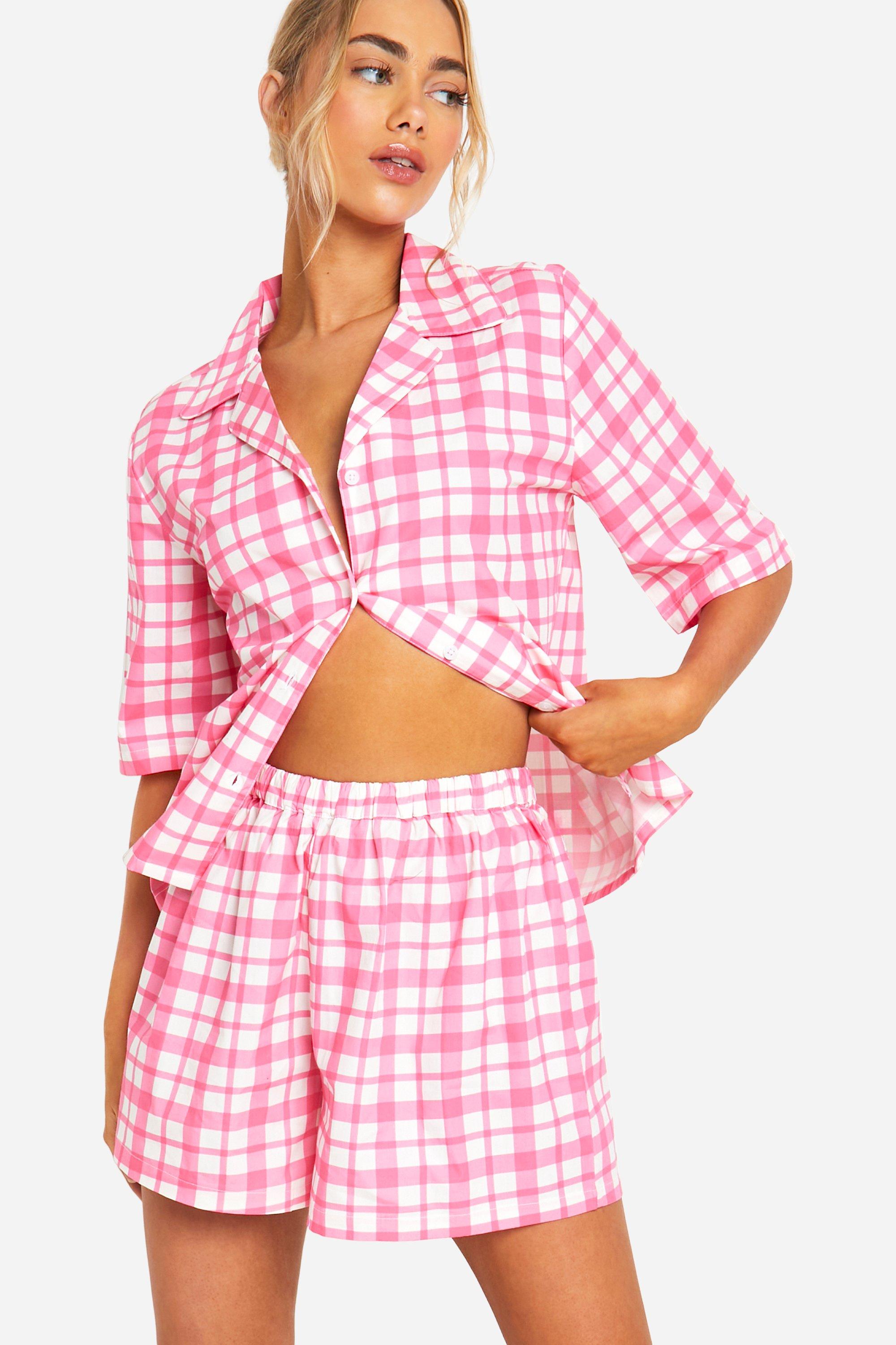 Womens Pink Check Cotton Poplin Short - 14, Pink