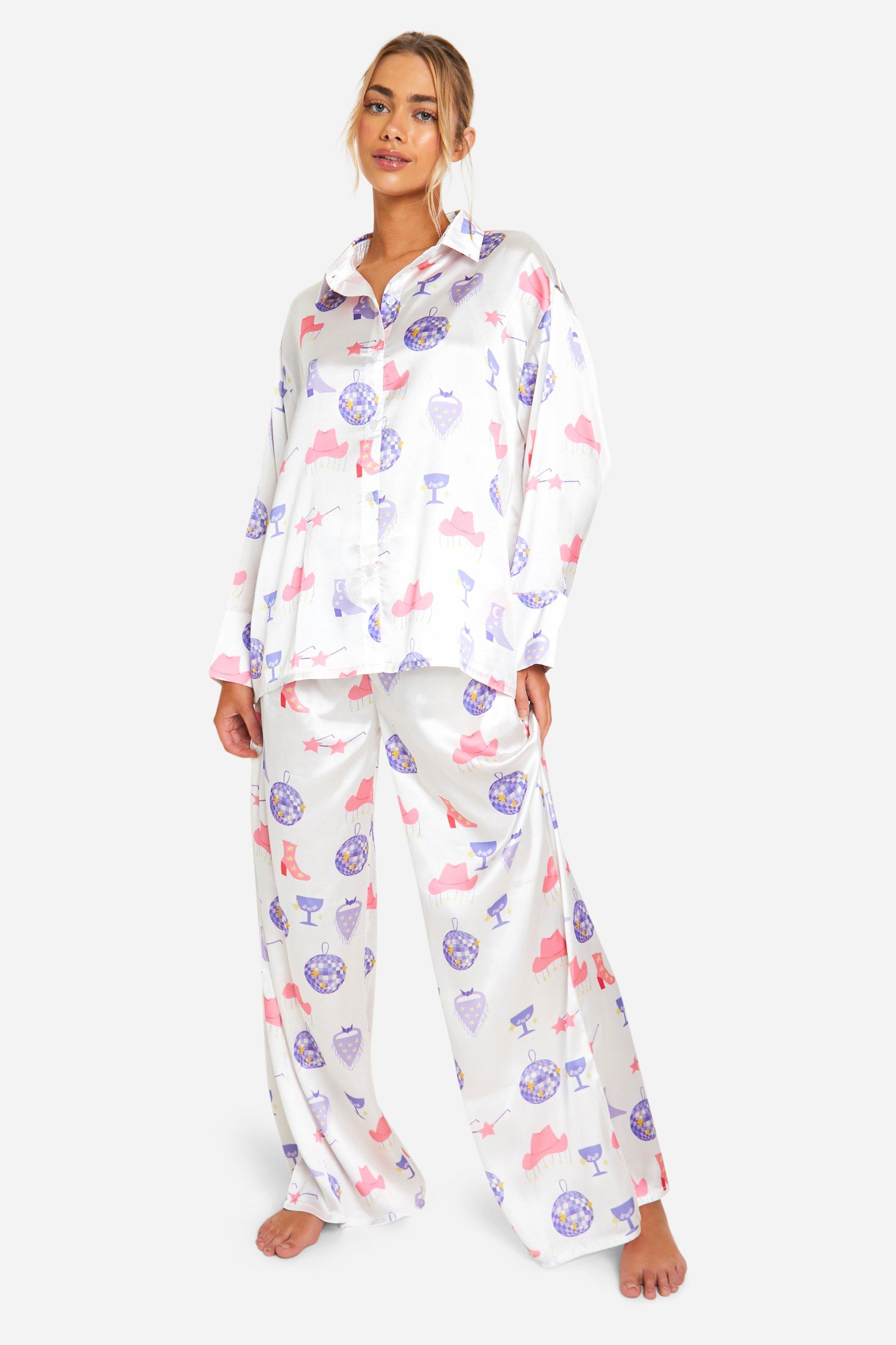 Womens Western Print Button Up Pj Set - Purple - 8, Purple