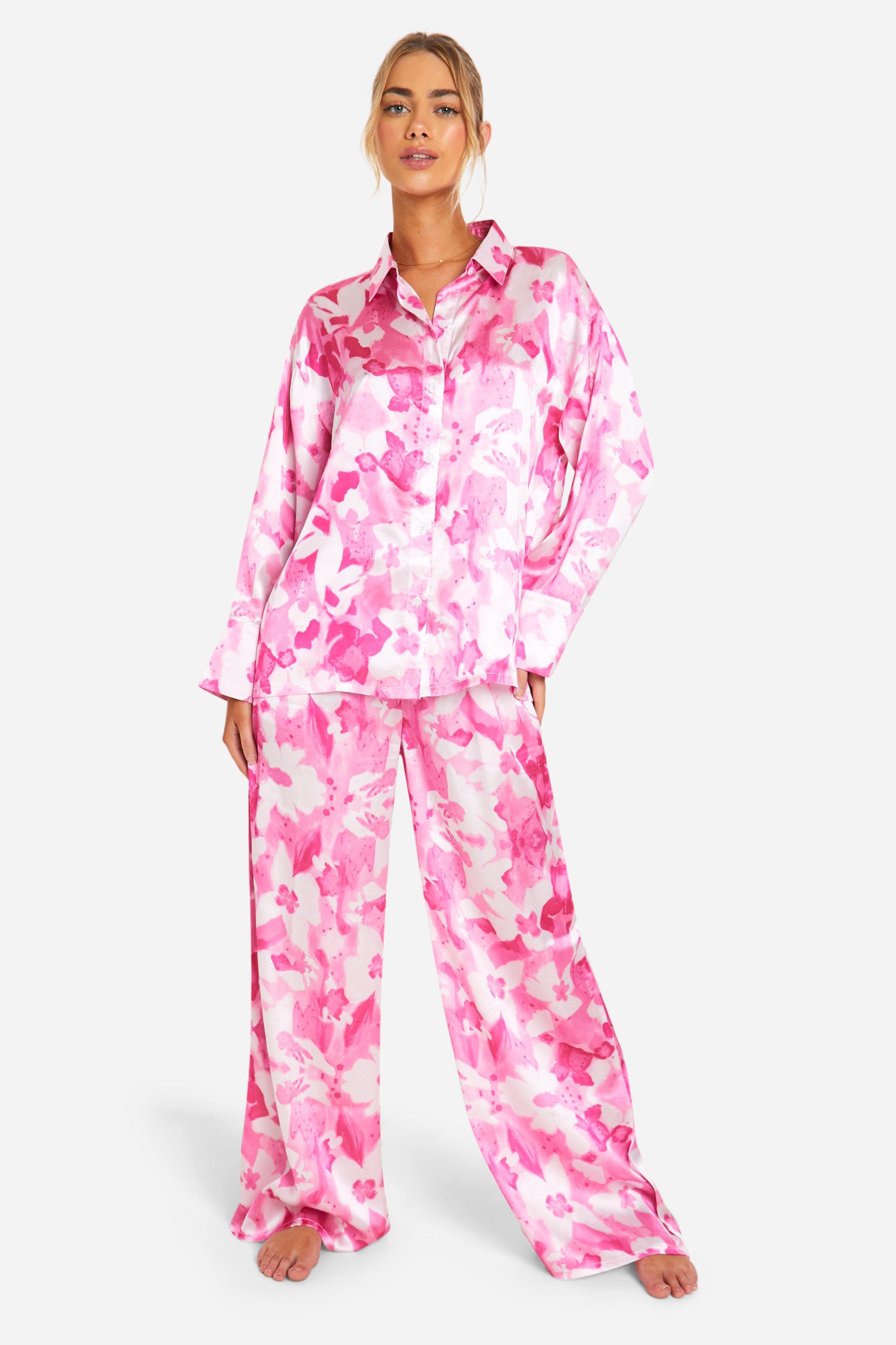 Womens Floral Print Satin Pj Set - Pink - 12, Pink